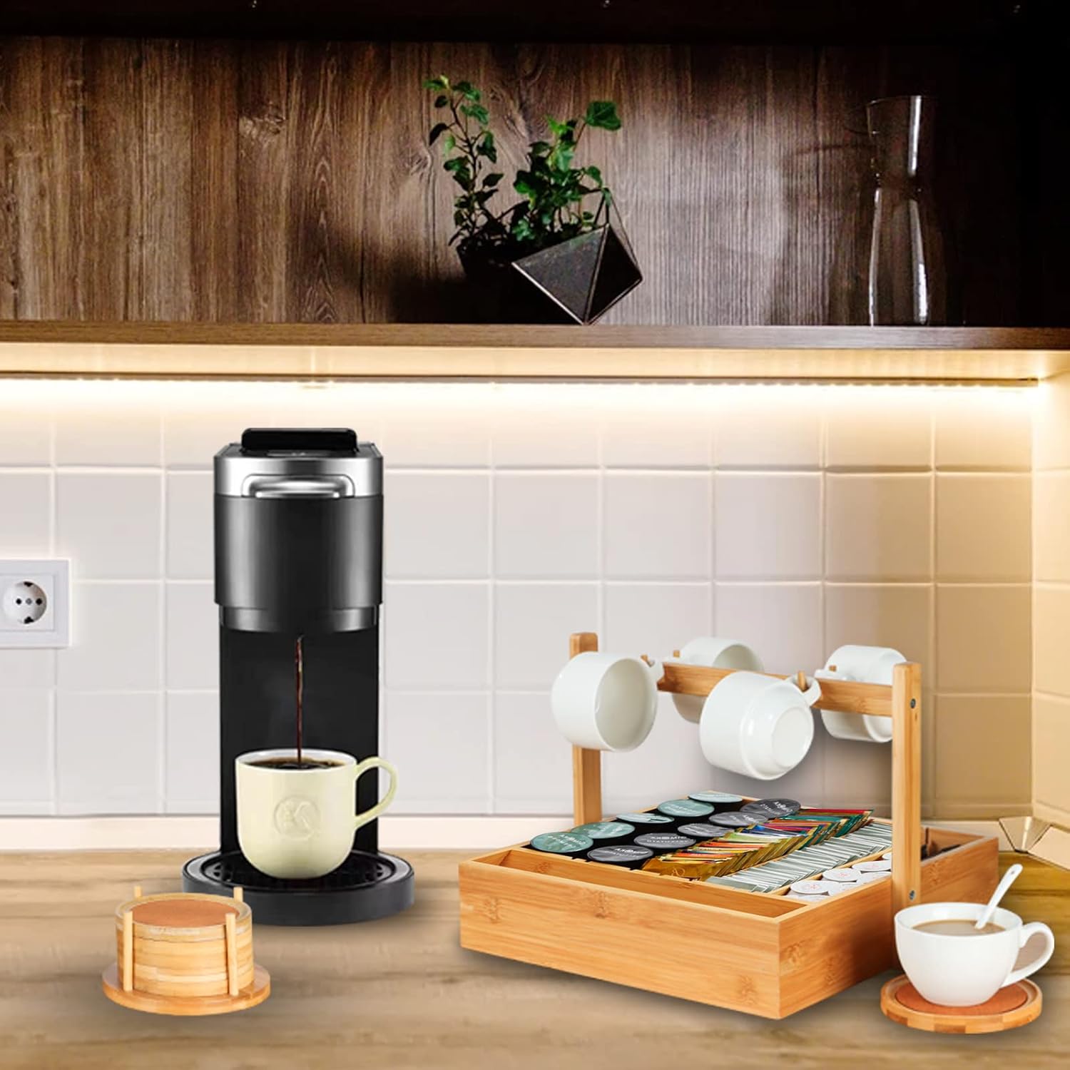 MinBoo Bamboo Coffee Pod Holder with 4 Mug Holder & Stirrers Storage Lattice 23- 36 Capacity k Cup Holder Tea Organizer Home or Office Kitchen Counter Coffee Station Organizer : Home & Kitchen