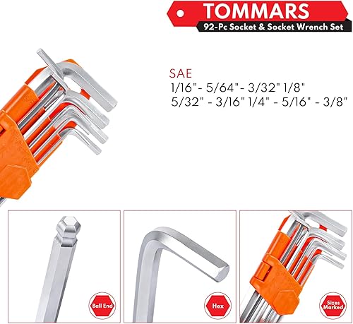 Miniatura 5 de TOMMARS Juego de caja de herramientas mecánicas automotriz, 92 piezas de 14 pulgadas y 38 pulgadas, kit de herramientas manuales SAE Mechanics con