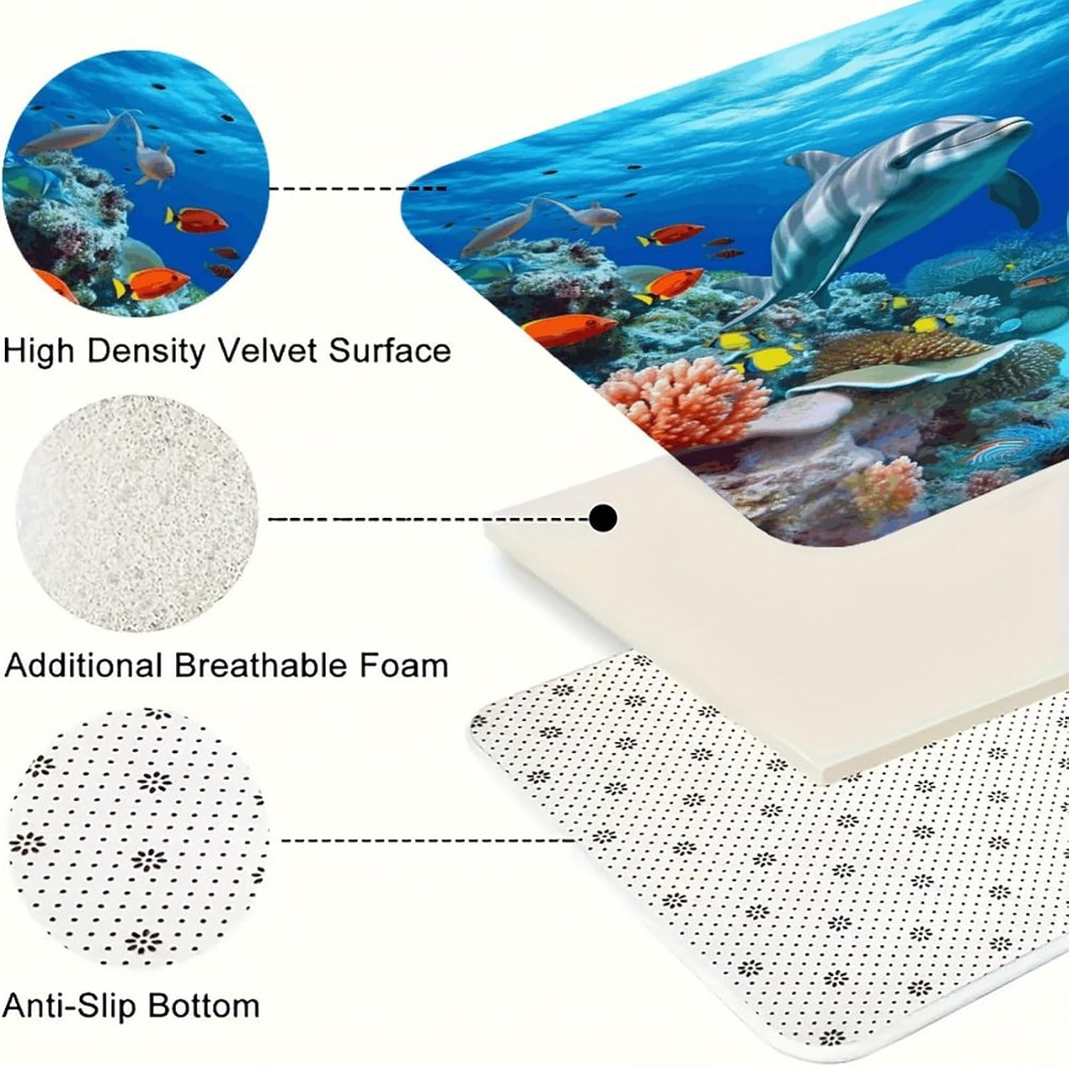 Seabed Coral Fish Dolphins Kitchen Rugs Sets of 3 Washable Non Slip Kitchen Rug Water Resistant Carpet Piece Anti Fatigue Kitchen Mats Soft Comfort Standing Mat Modern Area Rug
