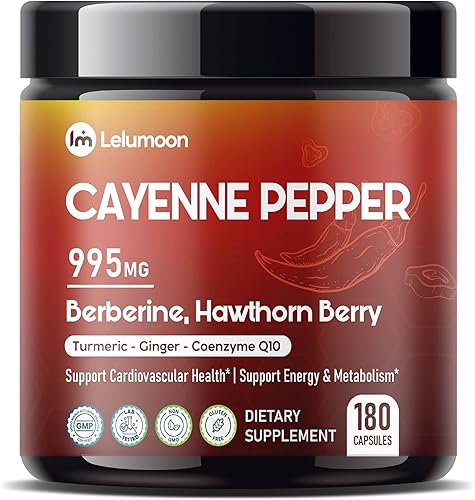 Pimienta de Cayena Premium 995 mg con berberina, espino y CoQ10 Apoya la salud cardiovascular, la energía y el metabolismo Fabricado en los