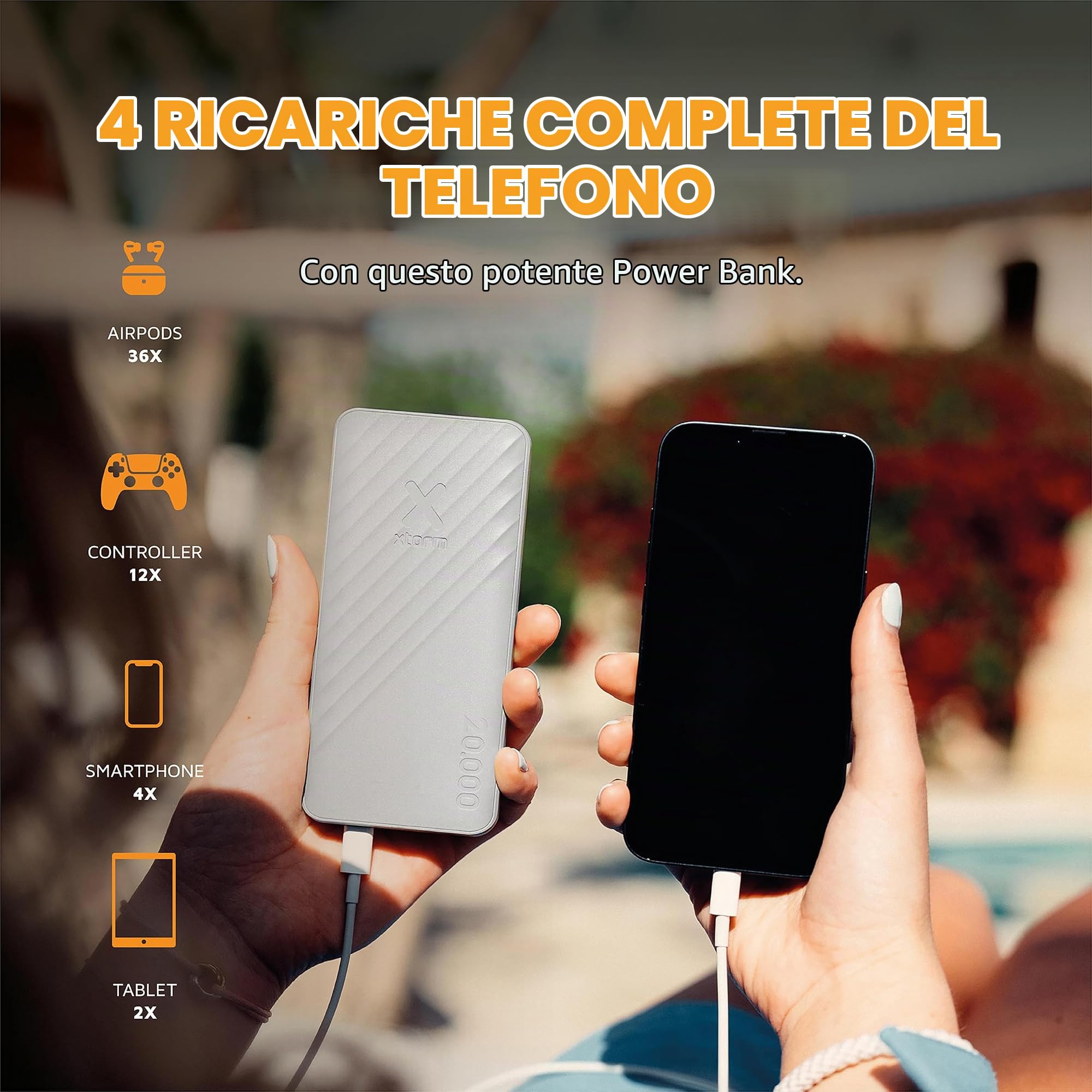 Xtorm power bank, 20.000mAh, 15W, porte USB-C e USB-A, fast charge, bianco | Adatto per Smartphone, tablet, auricolari e dispositivi compatibili, compatta, funzione pass-through, plastica 100% riciclata