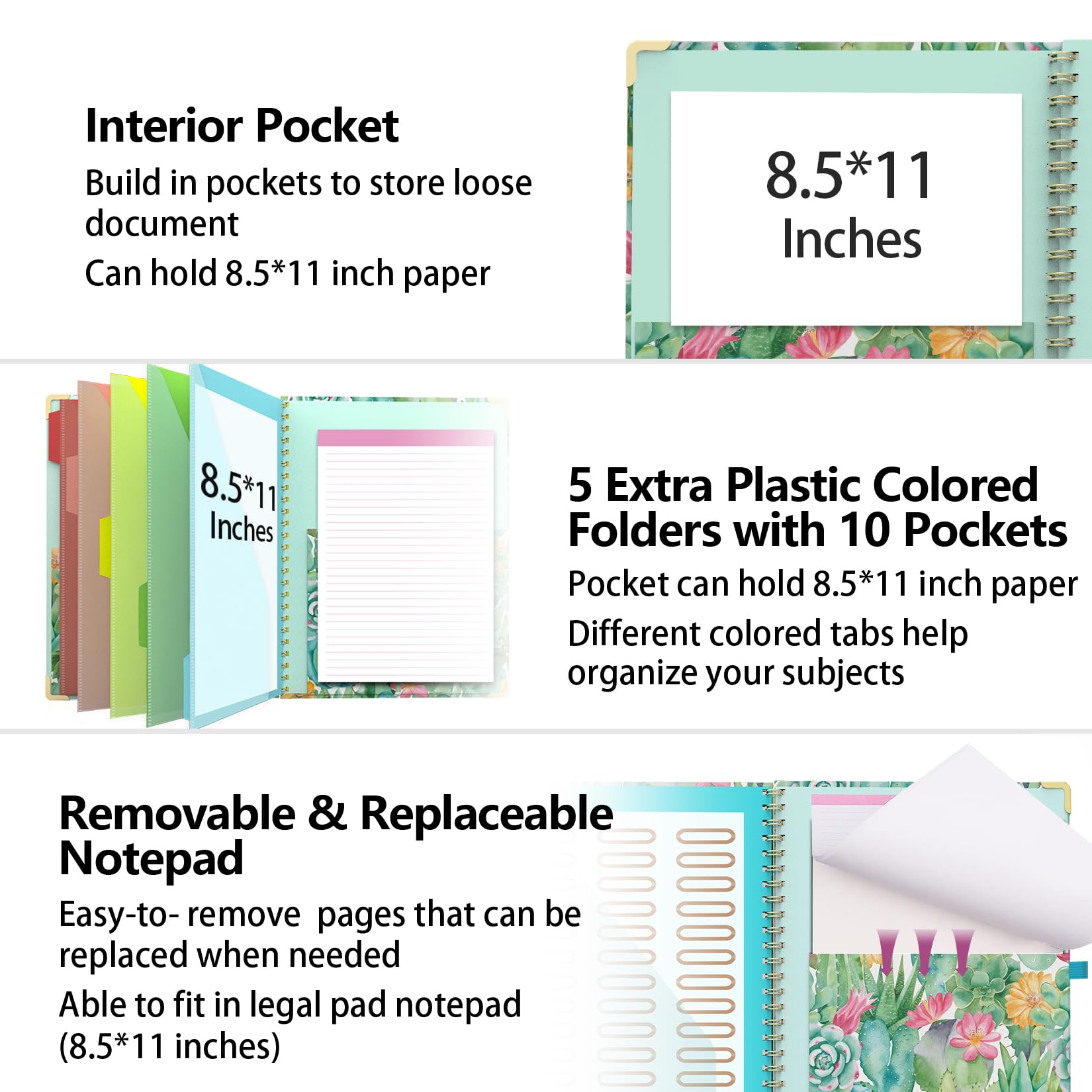 Folder z notatnikiem do wielokrotnego napełniania w linie do rozmiaru liter (28 x 21,5 cm), 5 przegródek z miejscem do przechowywania, 10 kieszeni, uroczy spiralny składany schowek z metalowym klipsem