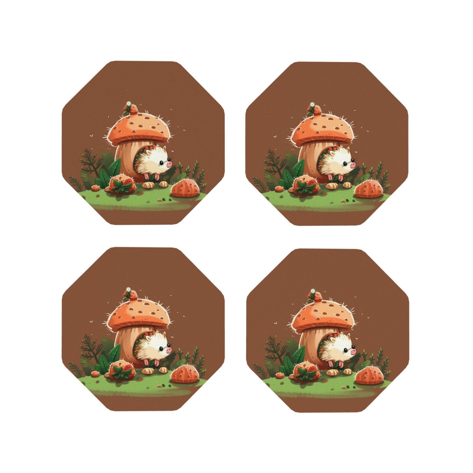 4pcs Drink Coasters for Tabletop Protection, 4" Leather Coasters for Drinks, Hedgehog and Mushroom Cup Coasters for Coffee Table Decor, Non-Slip Drinking Cup Mat for Hot Or Cold Drink