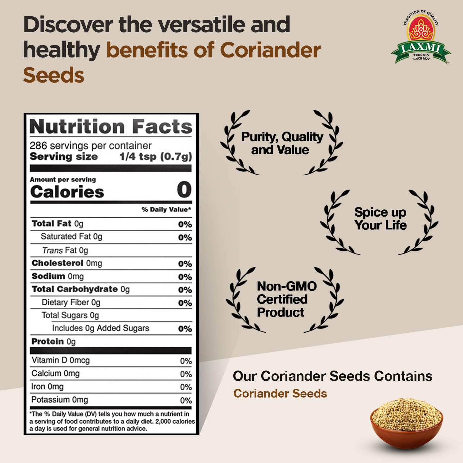 Laxmi Coriander Seeds, Whole 200gms (7oz) | Pure, premium quality and high value Coriander | Natural Coriander Seeds | Non-GMO certified