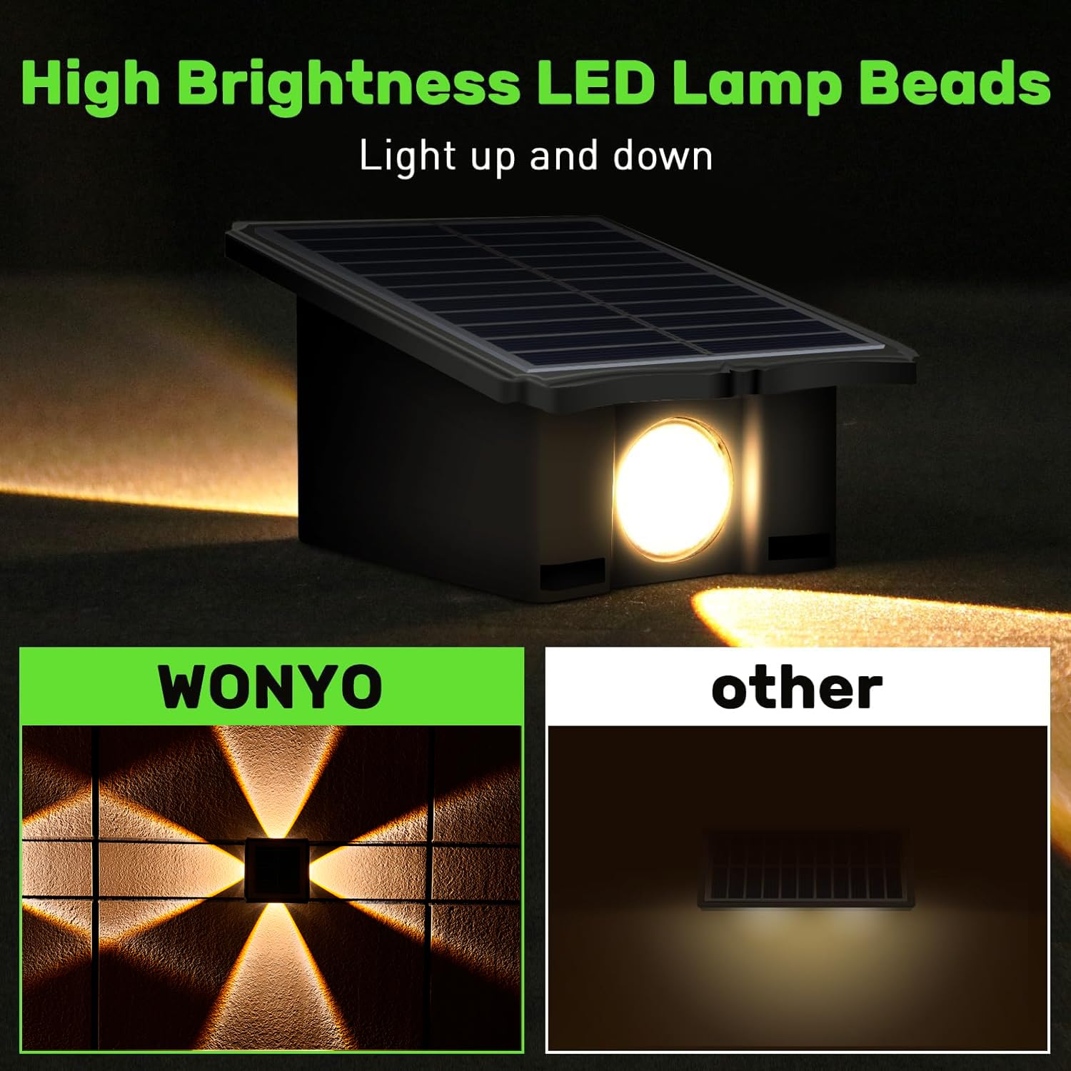 Luces solares de pared para exteriores, iluminación arriba y abajo, impermeable IP65, luz de valla para patio, jardín, garaje, piscinas, cubierta (4 LED, multicolor, paquete de 2)