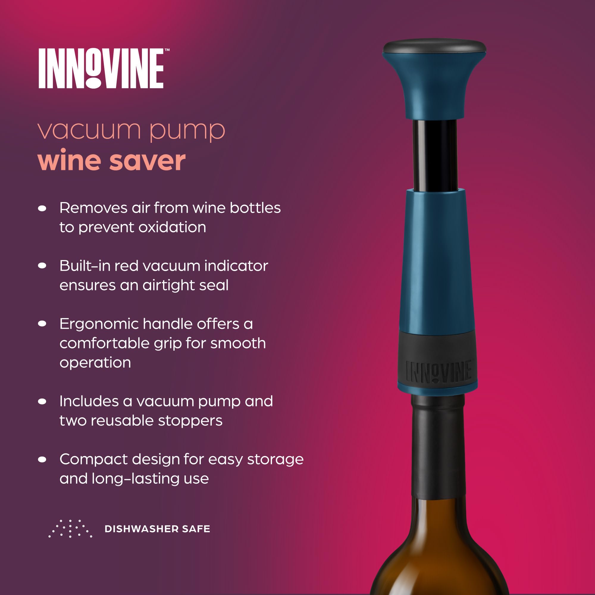 Innovine Vacuum Wine Saver, Includes Pump and 2 Reusable Stoppers, Durable Easy to Use Preserver for Wines, Home Bars, Restaurants, Collectors, 3-Piece Set, Deep Teal