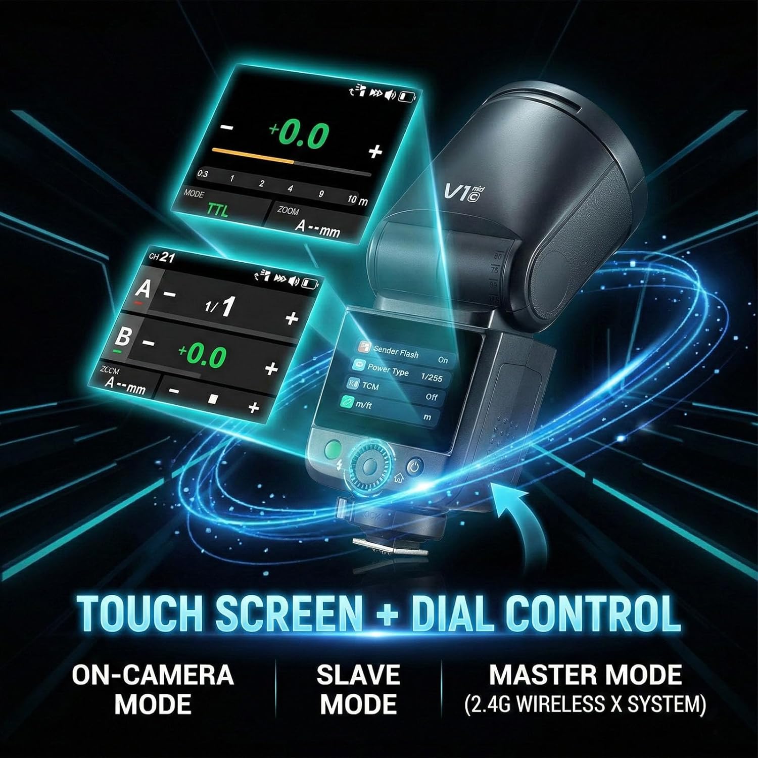 Godox V1 MID O Flash for Olympus for Panasonic, 55W Round Head Speedlite Touchscreen,650+Full Power Pops, 1.7s Recycle,TTL/HSS 1/8000s V1MID Lightweight Travel Flash for OM-1 OM-5 GH6 G9II Fits AK-R1