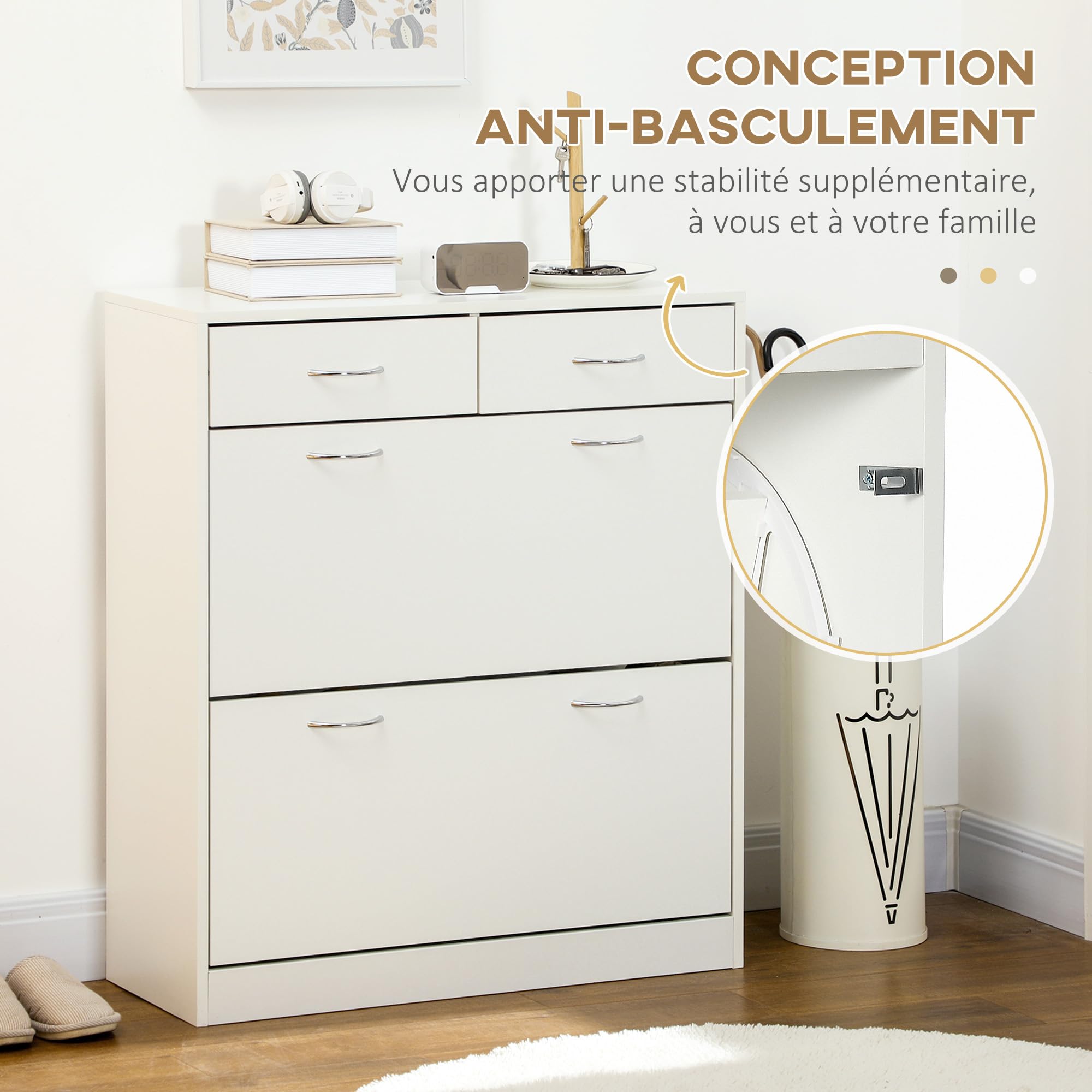 HOMCOM Meuble à Chaussures Armoire à Chaussures 80 x 30 x 91,5 cm Blanc | 2 Tiroirs, 2 Portes Abattantes, Étagère Réglable, Poignées en Aluminium