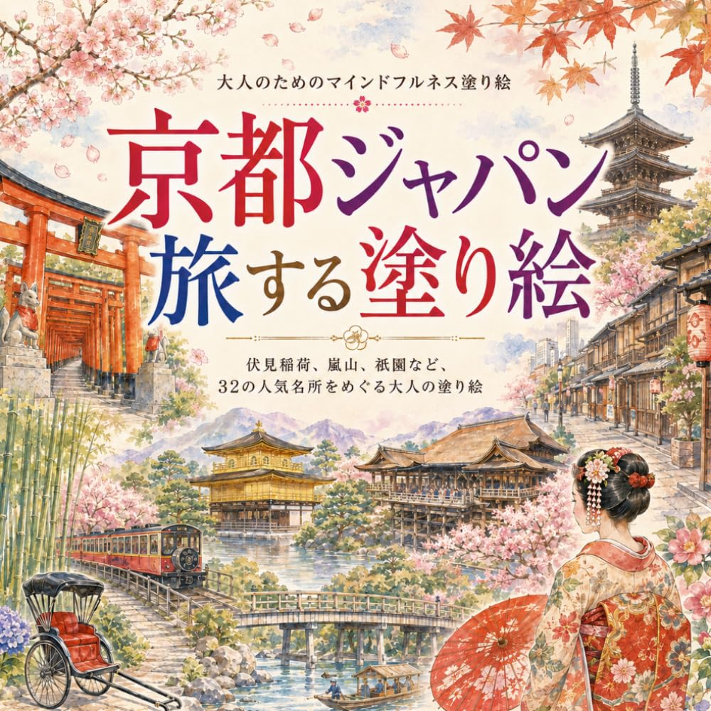 京都ジャパン 旅する塗り絵: 伏見稲荷、嵐山、祇園など、32の人気名所をめぐる大人の塗り絵 (大人のためのマインドフルネス塗り絵)