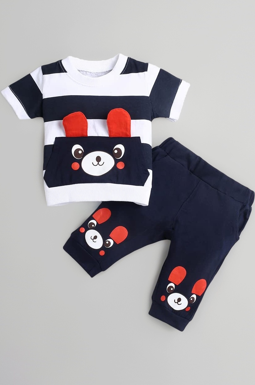 Boy's Cotton Striped Stripes Bear Print Half Sleeves T-Shirt And Joggers Set
