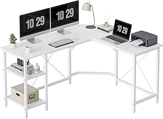 CubiCubi L Shaped Computer Desk, 150 cm Industrial Office Desk with Storage Shelves, White Wood and Metal Corner Desk for Home Office, White