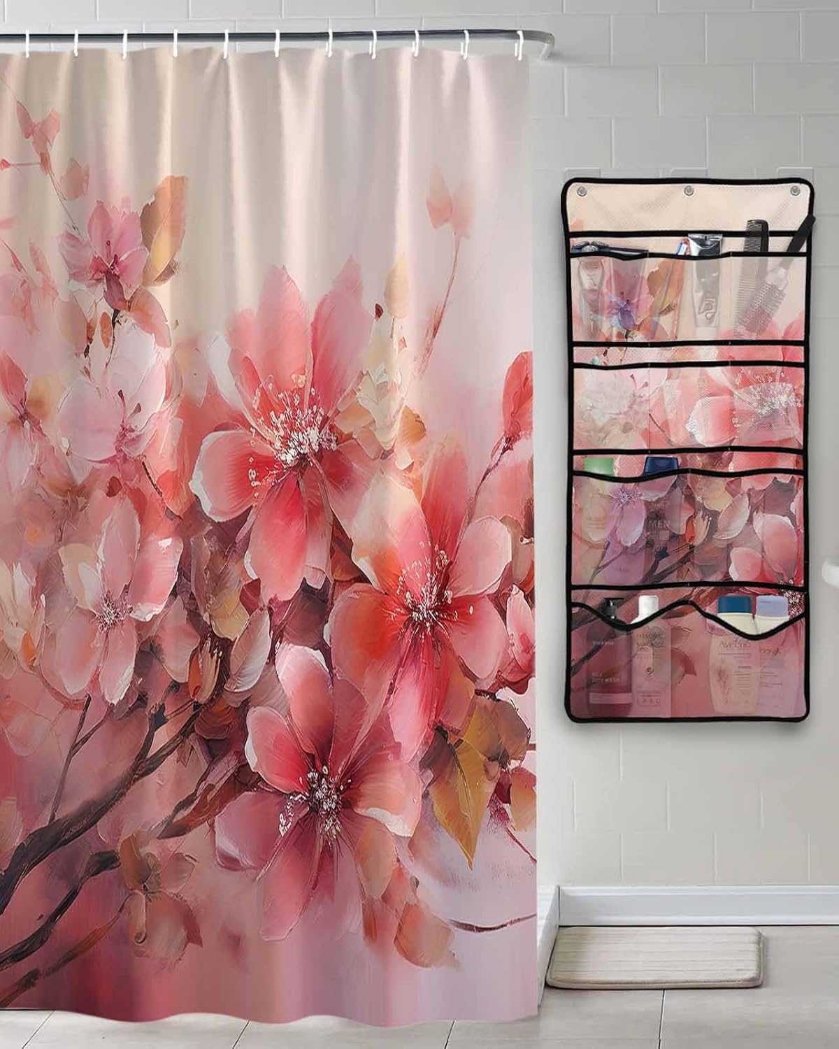 Shower Curtains for Bath Shower Organizer Set, Summer Ocean Turtle Seashell Starfish Vintage Sailing Boat Waterproof Shower Curtain, 10 Pockets Mesh Wall Hanging Storage Moisture Bag Accessory, 36x78