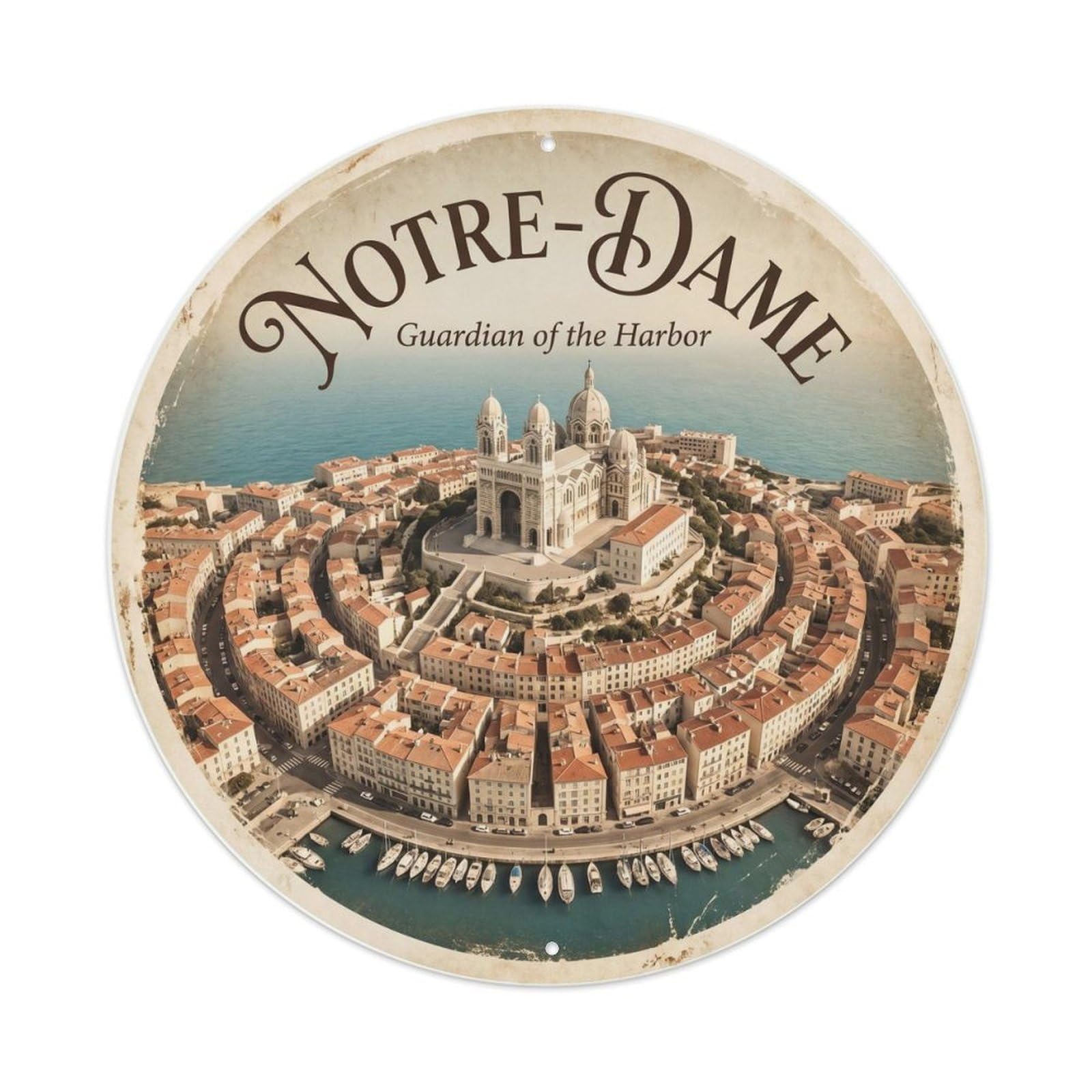 French Basilica Landmark Historic Travel Heritage Metal Tin Sign Plaque Wall Decor for Cafe, Man Cave, Club Bar, Office, Home Garden Round Metal Poster 8x8Inch