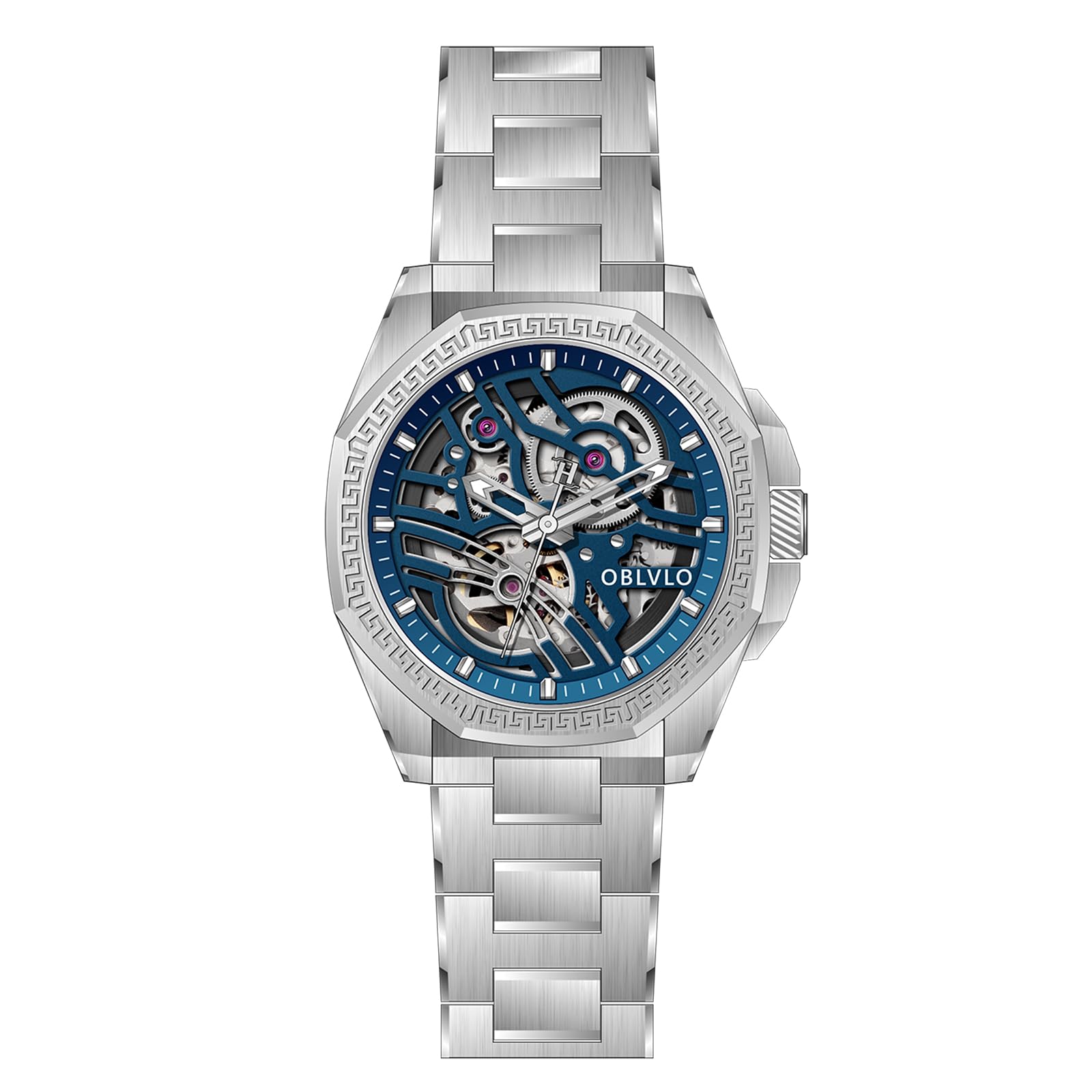 Brand Mens Hexagonal Skeleton Dial Automatic Watch Stainless Steel Luminous Waterproof Mechanical Wristwatch for Men CAM-AR-SK2