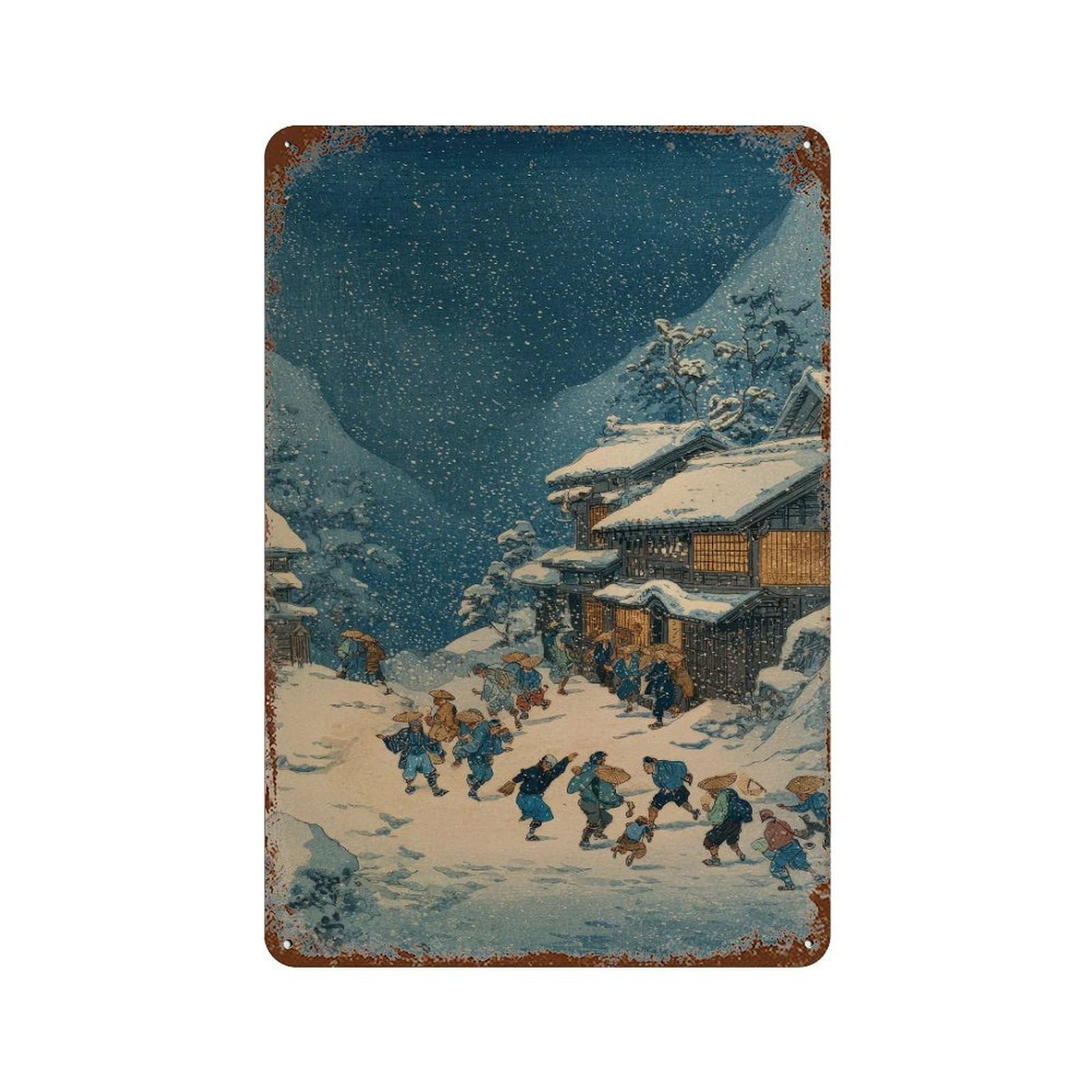 xiaoxiaoshen Snowy Village Scene. Ukiyo Wall Decor Art Metal Tin Poster Modern Home Decor Art Home Bar Shop Decorations Vintage Sign 30x20cm
