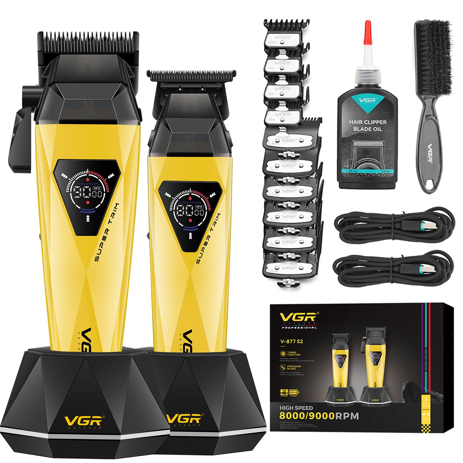 VGR 877S2 Tondeuse Cheveux Hommes Professionnel Set, Zero Gap Tondeuse Barbe et Cheveux Homme Sans Fil avec Moteur 8000/9000 tr/min, Kit Coiffure Homme avec Station de Charge et Écran LED, Or