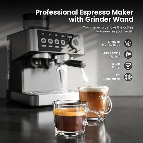 Miniatura 3 de Kismile Máquinas de café expreso de 15 barras con molinillo, cafetera profesional de café expreso con tanque de agua extraíble, espumador de leche y
