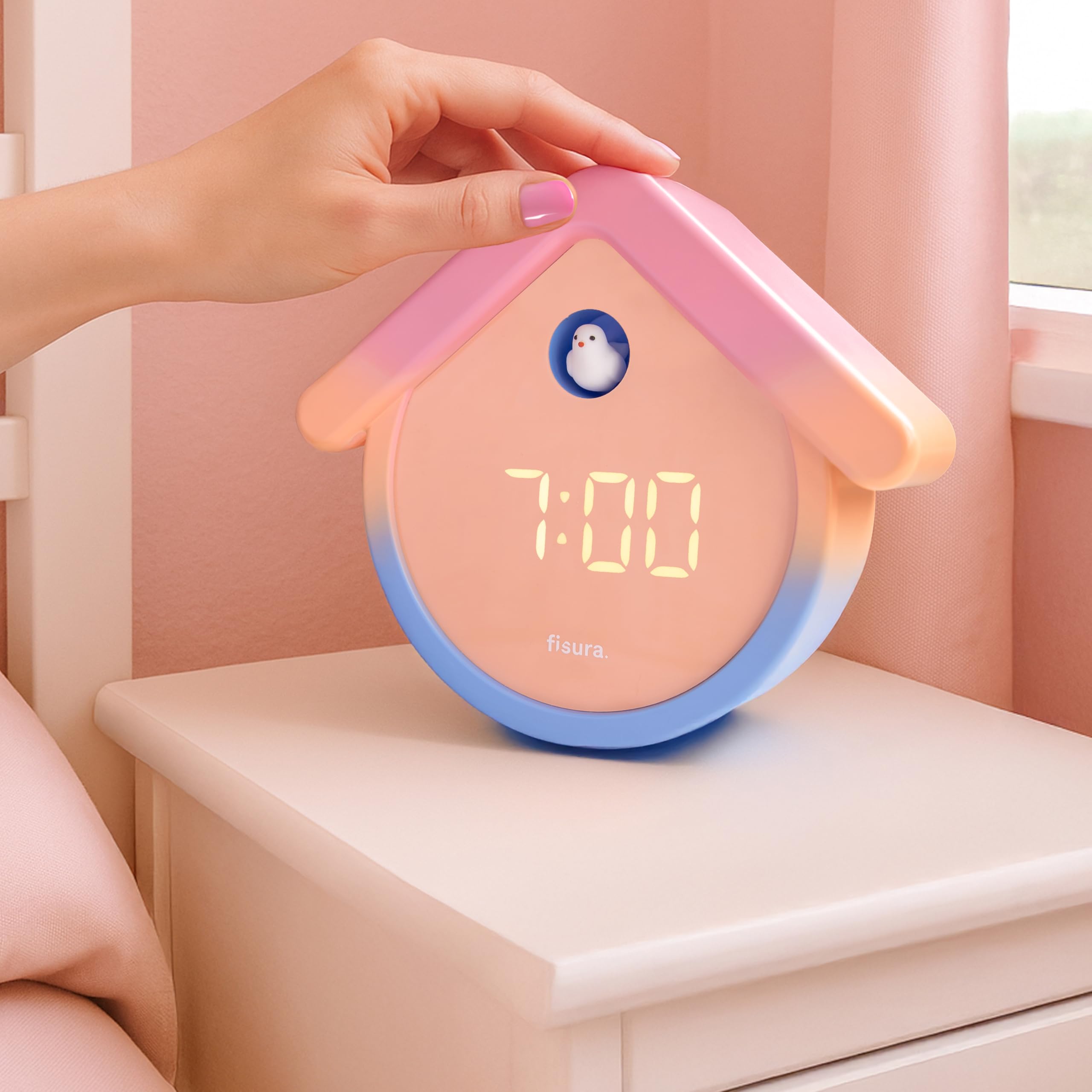 Fisura – Wekker koekoekshuisje wolken. Analoge klok met wijzers. Snooze-knop en nachtlampje. Perfect geschenk voor elk interieur. Werkt op 3 AA-batterijen (niet meegeleverd