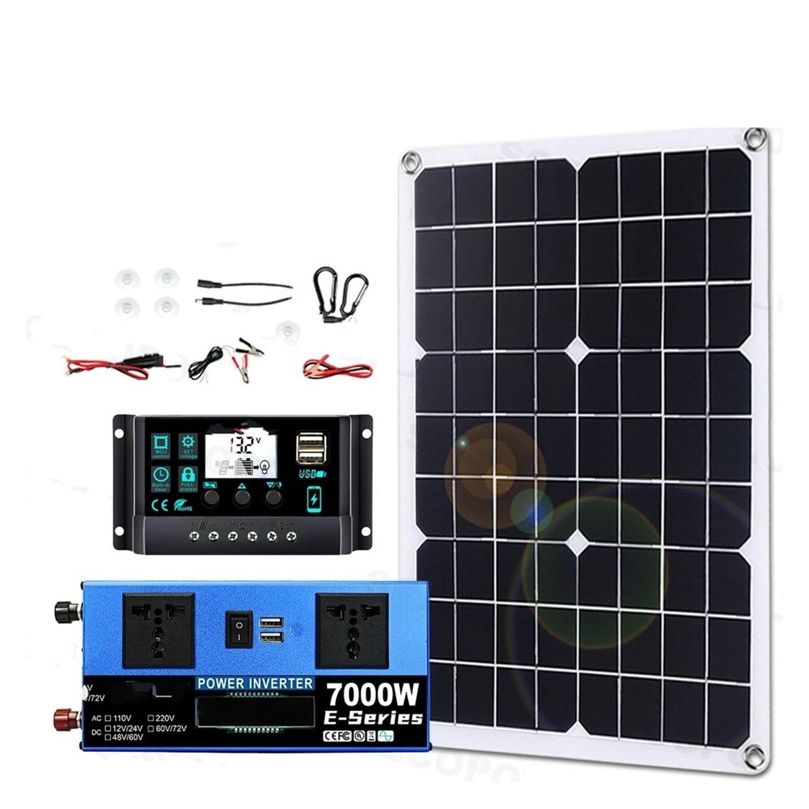 Power Inversor Corriente Kit Completo Solar Controlador 7000W 12V/24V A 110V/220V 100A Inversor Fuera Red Panel 500W para Respaldo Hogar/Camping(220V Solar Kit)