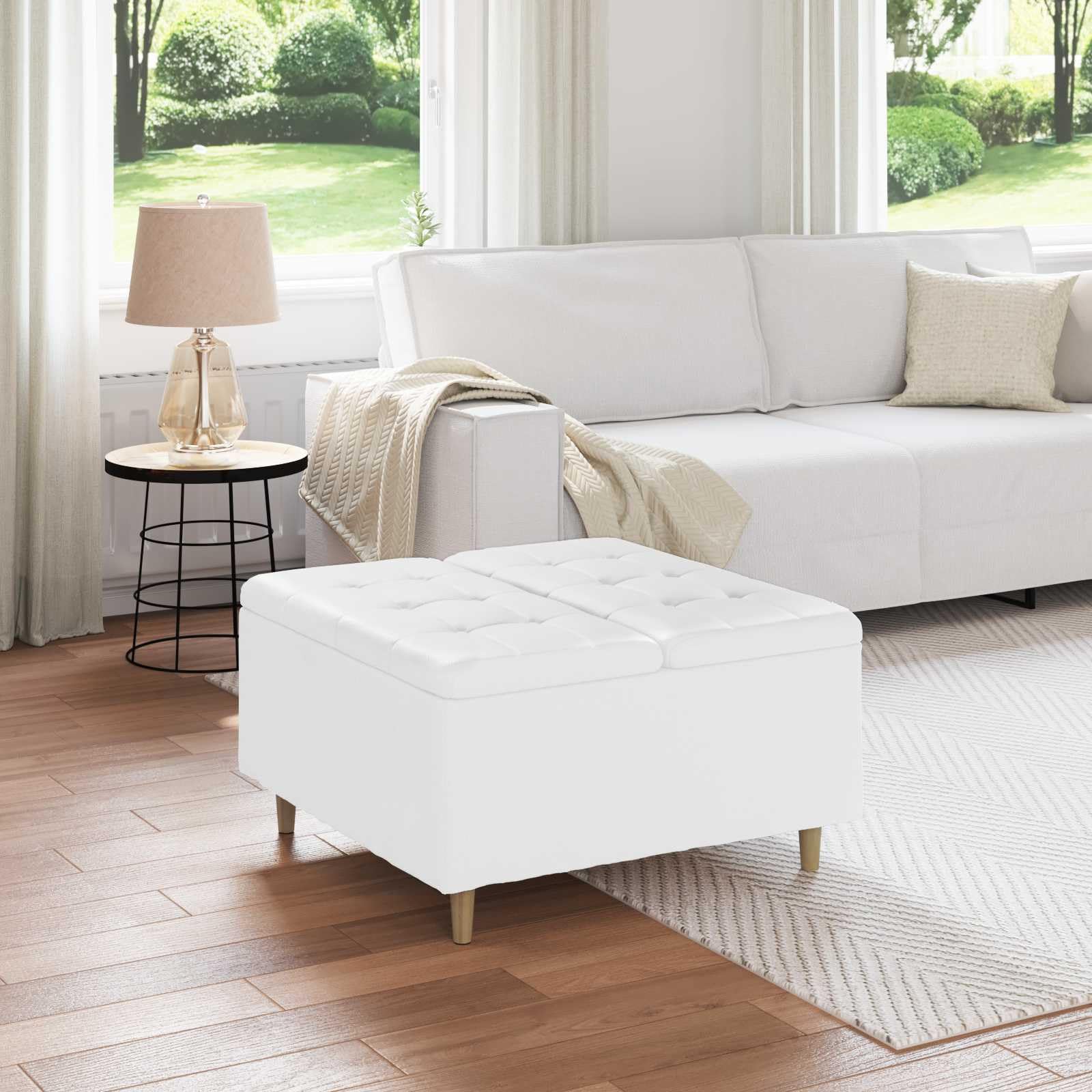 Sottomano bianco in ecopelle, 80 x 80 x 45 cm, con superficie imbottita e spazio nascosto, gambe in legno, versatile, per soggiorno, camera da letto, corridoio
