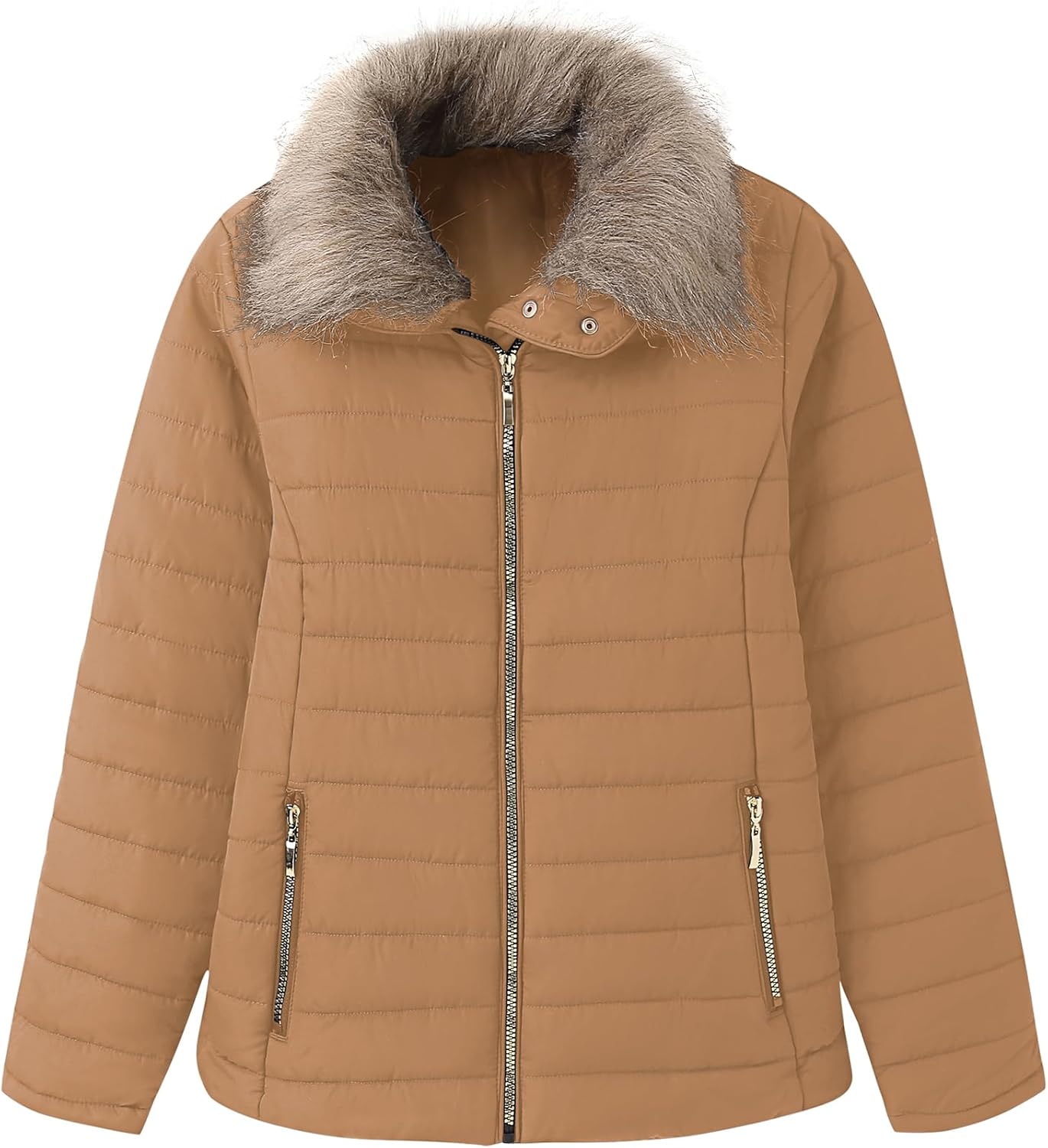 Vetinee Women Casual Faux Fur Lapel Zip Pockets Quilted Parka Jacket Puffer Coat