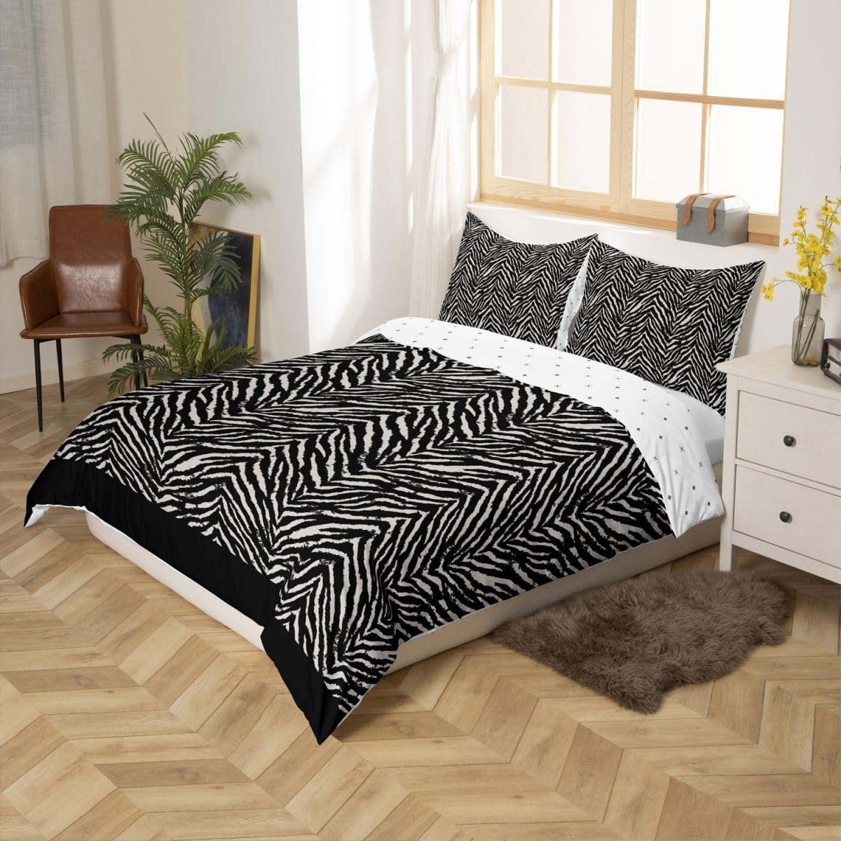 Castle Fairy Zebra Skin Duvet Cover Queen Size Black White Animal Fur Comforter Cover Africa Wildlife Bedding Set 3pcs for Kids Boys Men Adults Room Decor Geometric Stripes Quilt Cover,2 Pillowcases