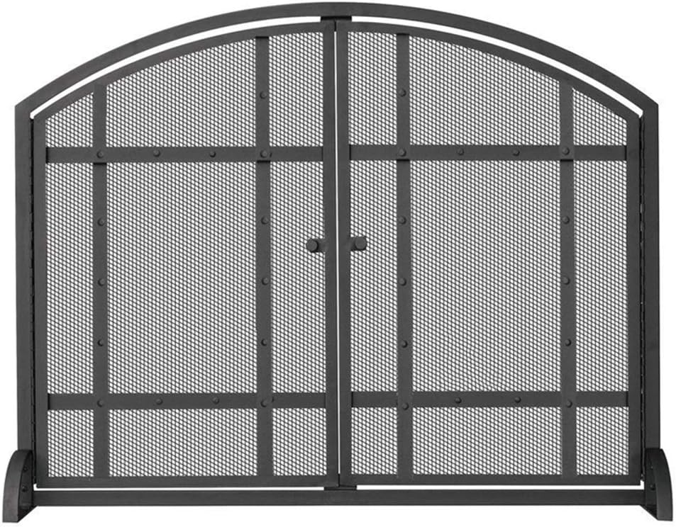 Modern Fireplace Screen with Doors ＆ Mesh Cover, Fire Guard/Stove Screen for Wood and Coal Firing, Stoves, Grills - Black Finish