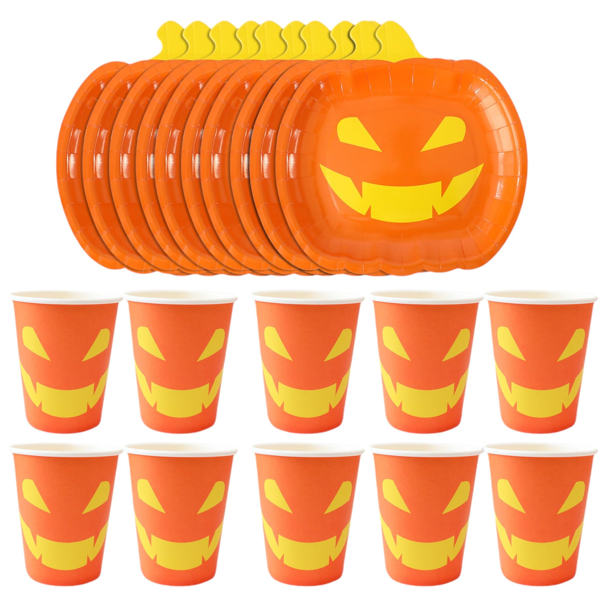 Doodle Kiddo 20 Pcs Pumpkin Plates and Cups Halloween Tableware Set for 10 Guests – 7 Inch Disposable Party Plates Halloween Dinnerware Set for Halloween Party Decorations & Trick or Treat Celebration