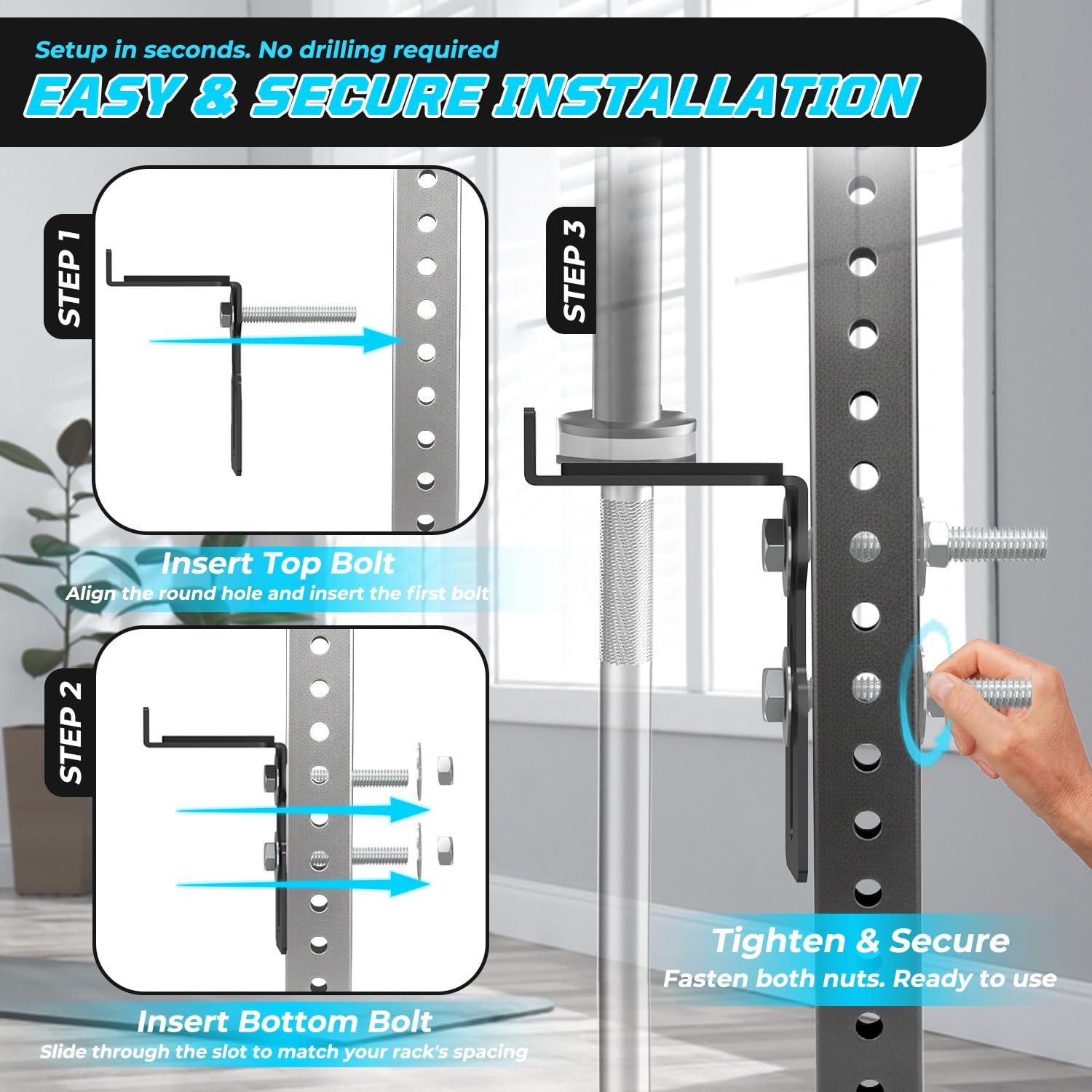 J Bryant Support d'haltères universel monté en rack, compatible avec les racks d'alimentation de 2 x 2, 2 x 3, 3 x 3, compatible avec trous de 16 à 25 mm (5/8 "– 1"), vis de verrouillage manuelle M14