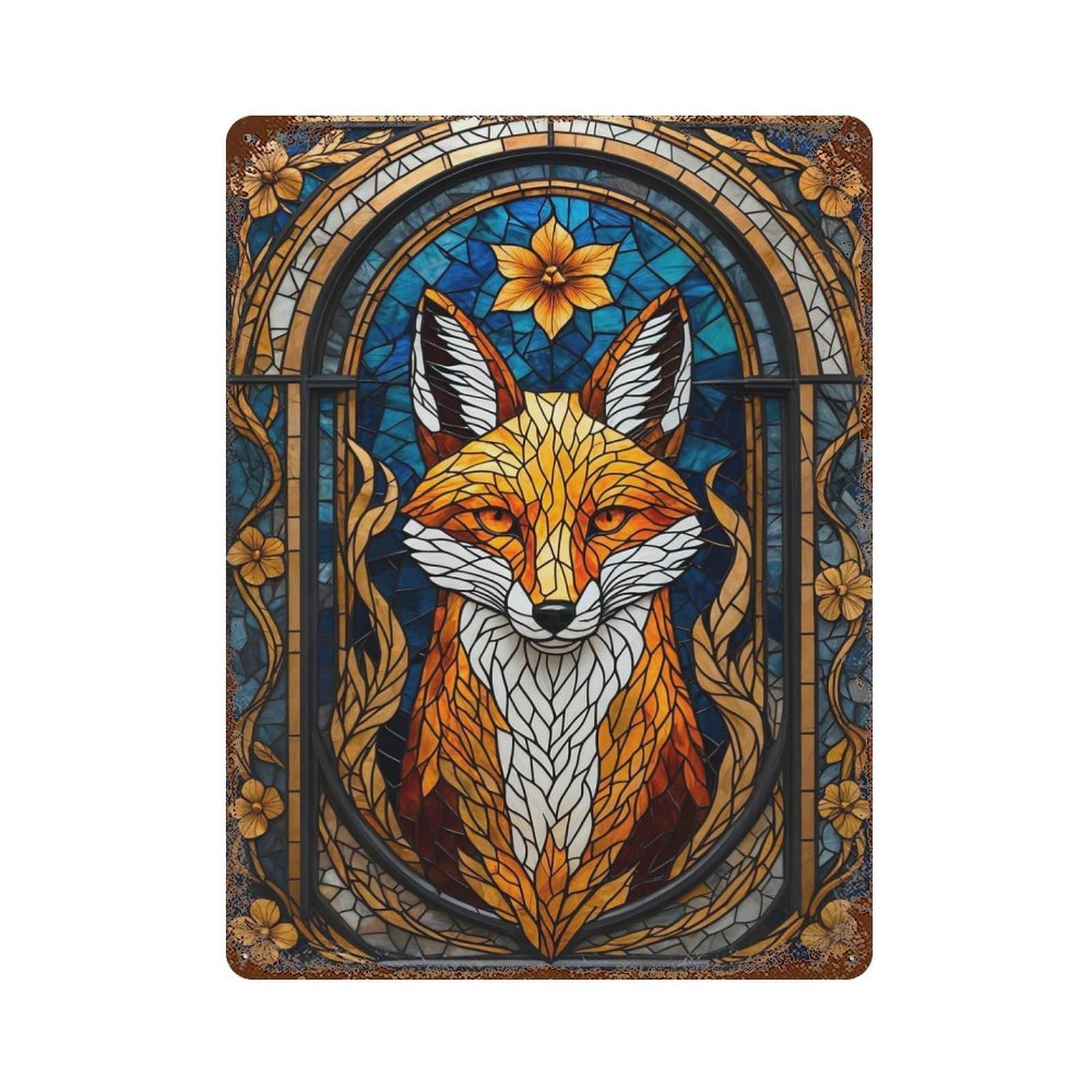 Garage Style Kitsune Stained Glass Fox Rust Effect Tin Sign 15.7"x11.8", Vintage Wall Decor for Bar And Workshop