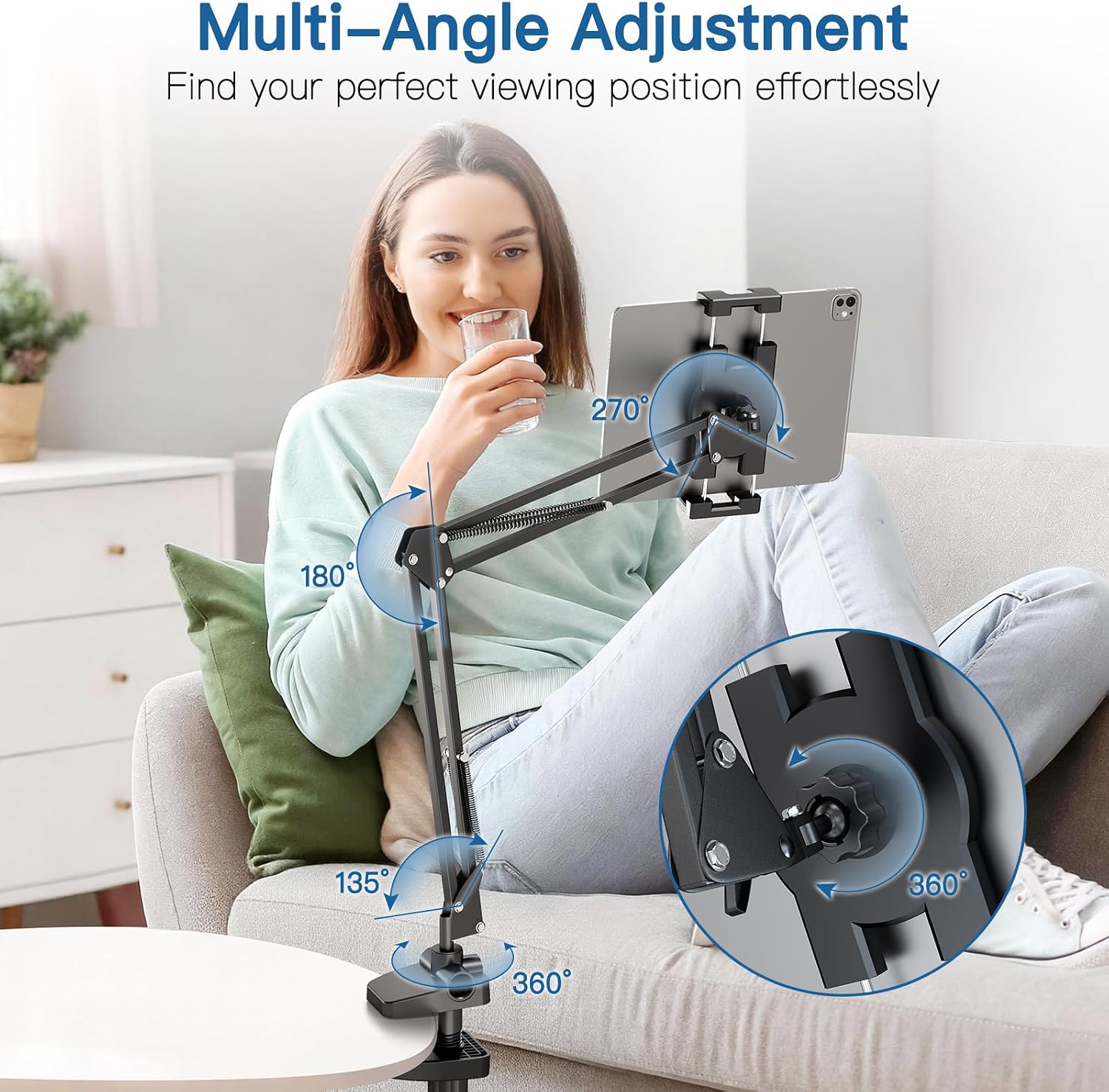 Ultra Sturdy Tablet Stand Phone Holder, 360° Rotatable Mount with Extendable Clamps, Heavy Duty Carbon Steel Stand for 4-13" iPad iPhone, Hands-Free Holder for Bed Desk Kitchen Office