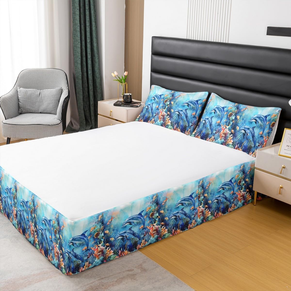 Feelyou Dolphin Bed Wrap Sheet Set Queen Size, Ocean Dolphin Bed Skirt for Boys Girls Sea Animal Bedskirt Ocean Coastal Dust Ruffle Pleated Bedskirt with Split Corners