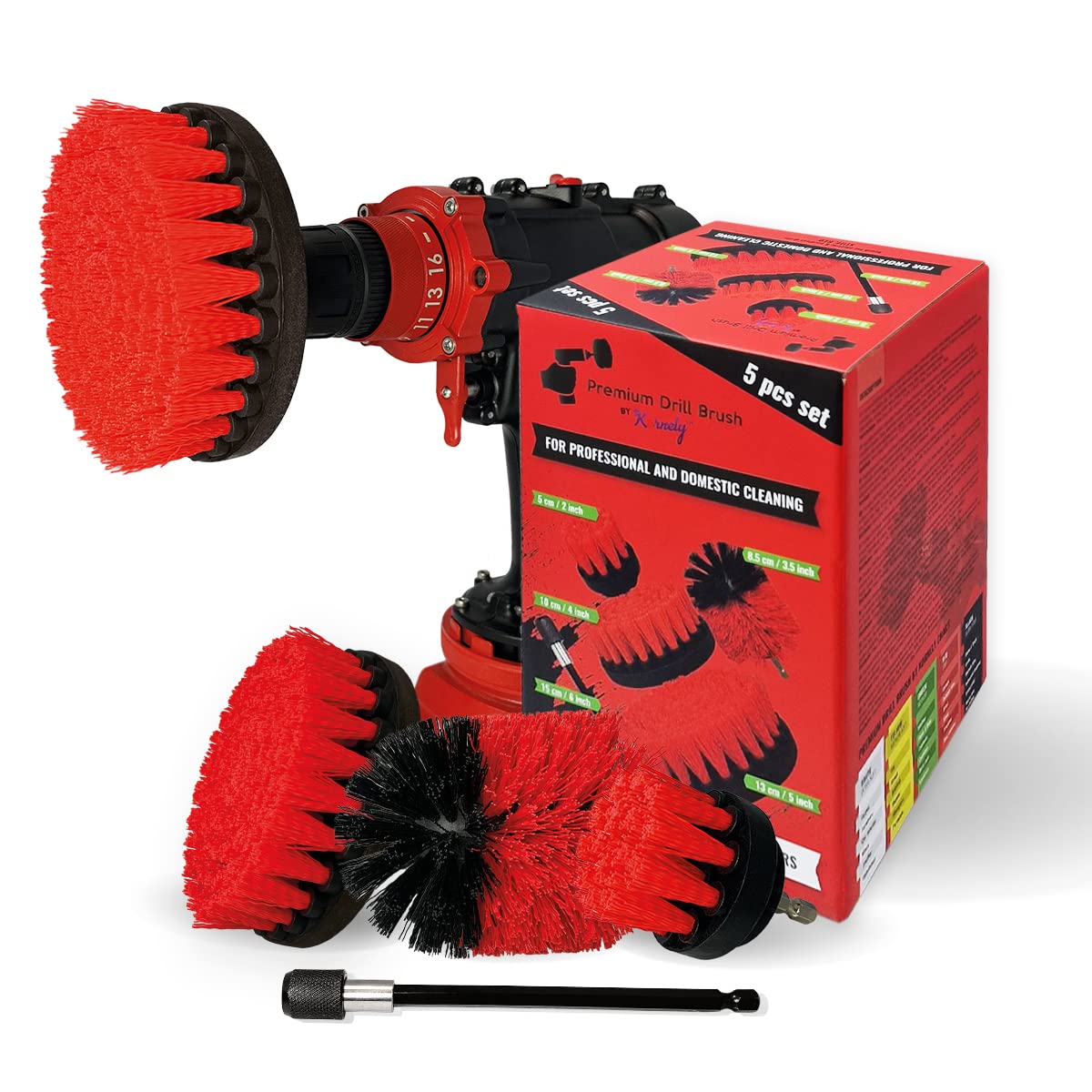 Kornely Red Premium Drill Brush Professional – Ultra-Stiff 5-Piece Kit (13/10 / 8.5/5 Cm Brushes + 15 Cm Extension) | Heavy-Duty Cleaning Brush For Concrete, Masonry, Grill Grates And Rust