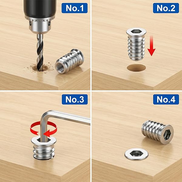 jwtyu 45 Pièces Insert Fileté Bois M8 x 20 mm écrous à visser insert bois M8 Manchons à visser M8 galvanisés Avec clé à six pans creux Pour panneaux de fibres, contreplaqué et meubles en bois(silver) - 4