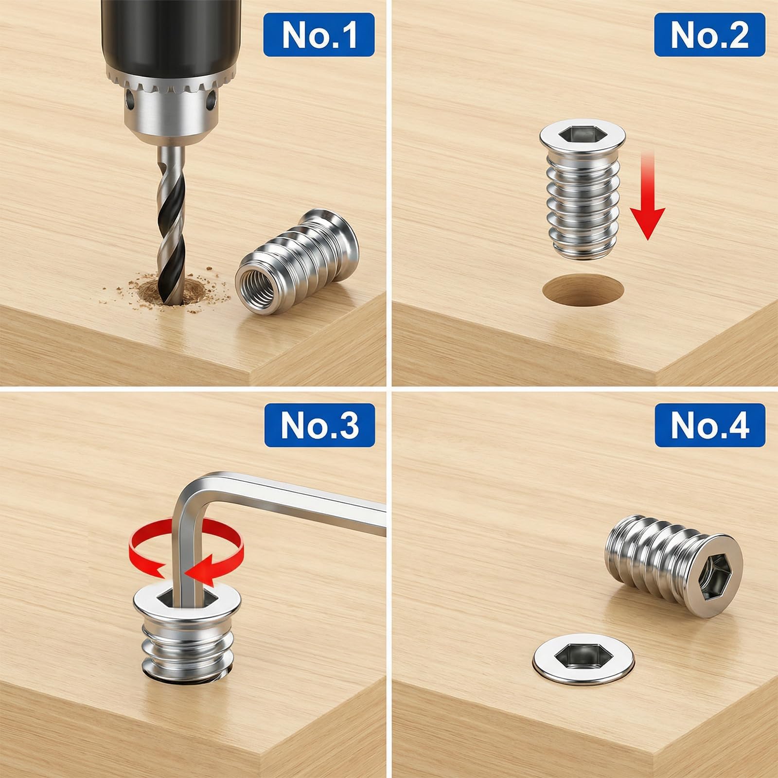 45 Pièces Insert Fileté Bois M8 x 20 mm écrous à visser insert bois M8 Manchons à visser M8 galvanisés Avec clé à six pans creux Pour panneaux de fibres, contreplaqué et meubles en bois（silver） - 4