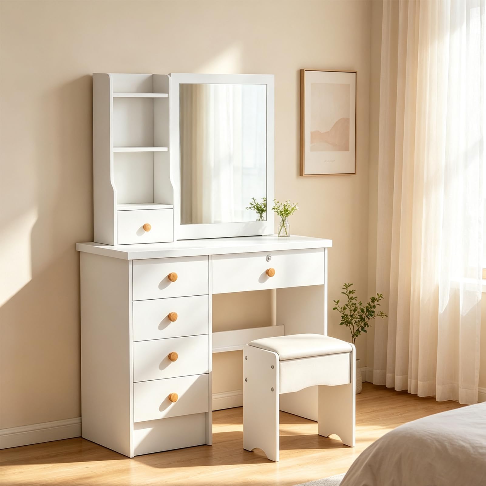 Coiffeuse avec Miroir Coulissant et Tabouret, Table de Maquillage Chambre