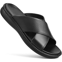 FIEEIF Mens Genuine Leather Slide Sandals, Mens Open Toe Comfort Outdoor Slippers Arch Support Retro Slip Resistant Fisherman Casual Slides for Men