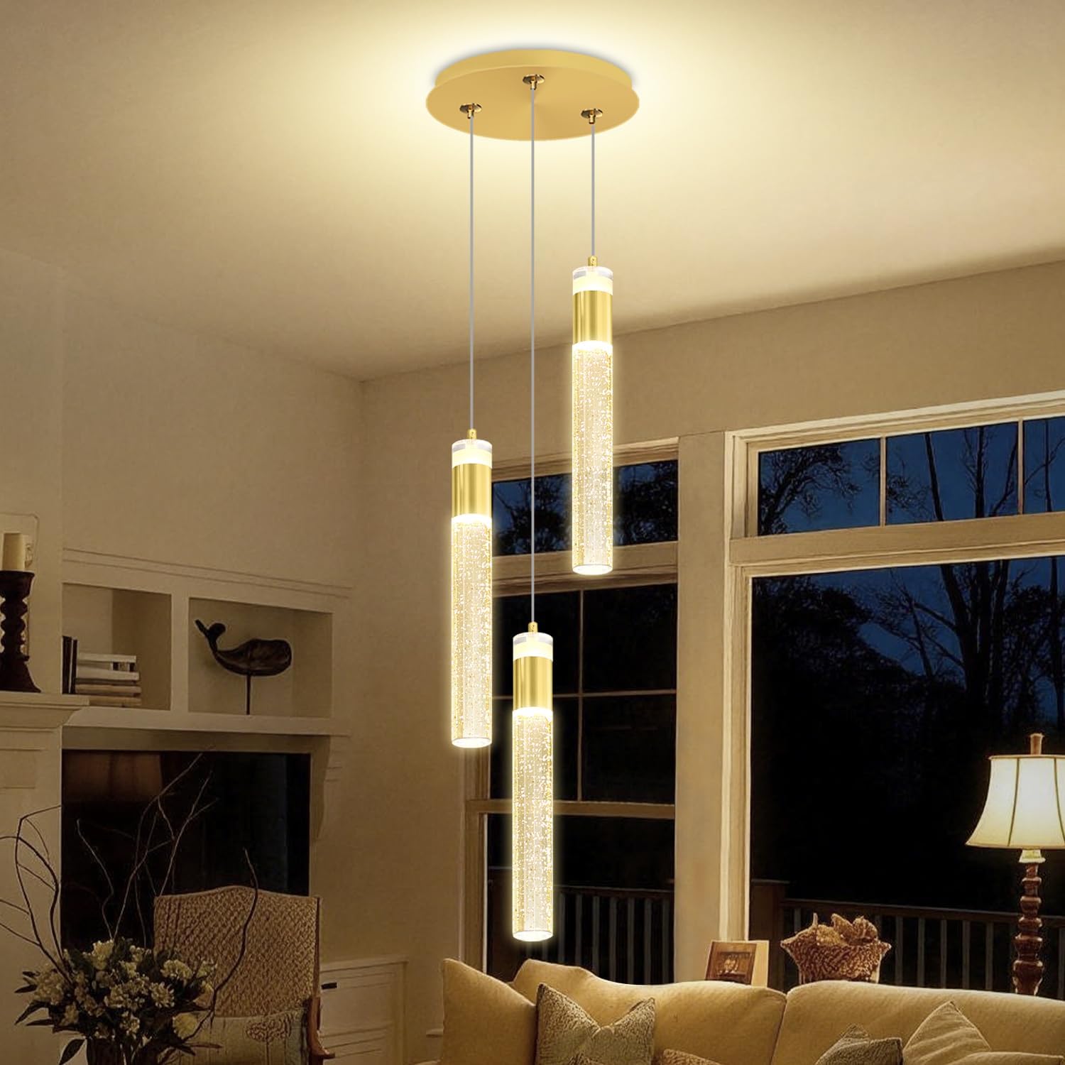 dimmable 3-light pendant lights kitchen island crystal hanging light modern ceiling light for dinning room living room 24w gold 3-lights gold