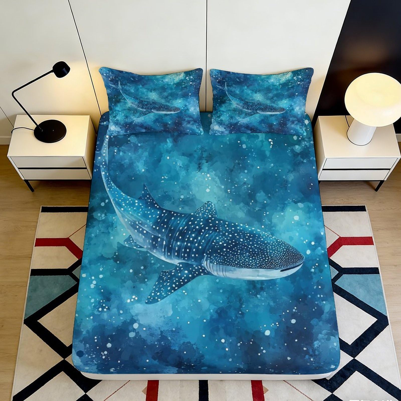 3D Printed Whale Shark Fitted Sheet Microfiber Soft Breathable Ocean Blue Bed Cover for Bedroom Dormitory Guest Room Mattress Protection Decor 120x200x25cm