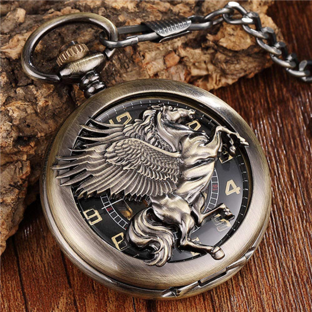 Orologio da Tasca Vintage, Unico, in Bronzo, Meccanico, da Uomo, con Catena, Cavallo Cavo con Ala, Design Pegaso, Orologi da Tasca Steampunk, Regalo per Compleanno, Nata