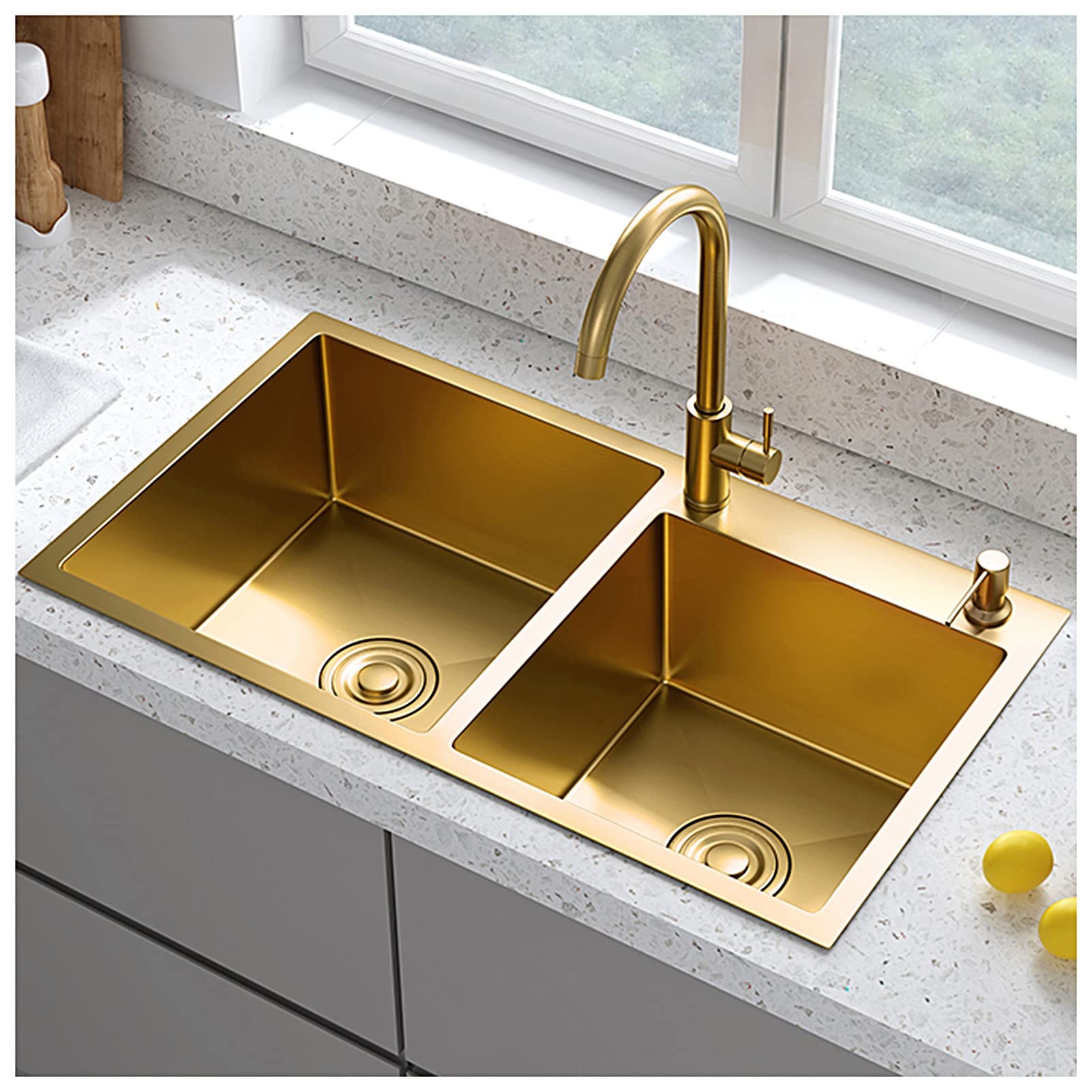 WIQUYBML Double Bowl Bar Sink Kitchen With Faucet Undermount 304 Stainless Steel Stepped Wash Basin (Color : Gold-a, Size 72x40x21cm)