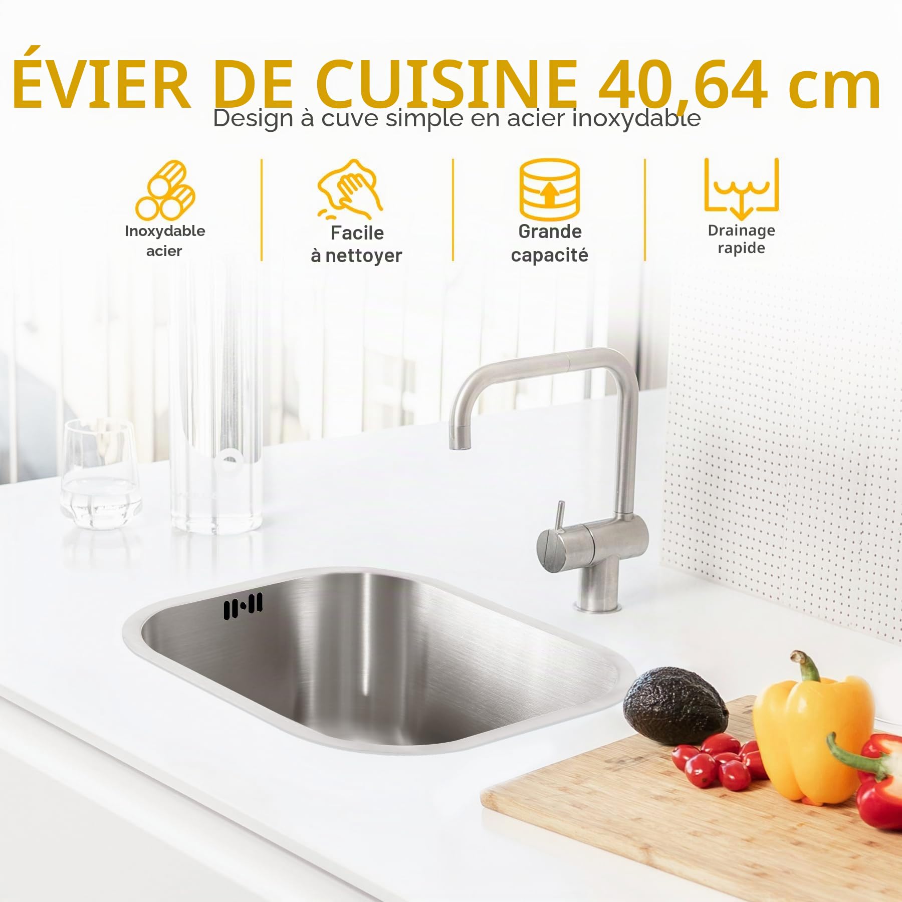 Évier de cuisine simple, en acier inoxydable, 42,5 x 36,2 x 20 cm, montage encastrée, avec fleur ou support, pour cuisine, évier rond et carré, évier encastré