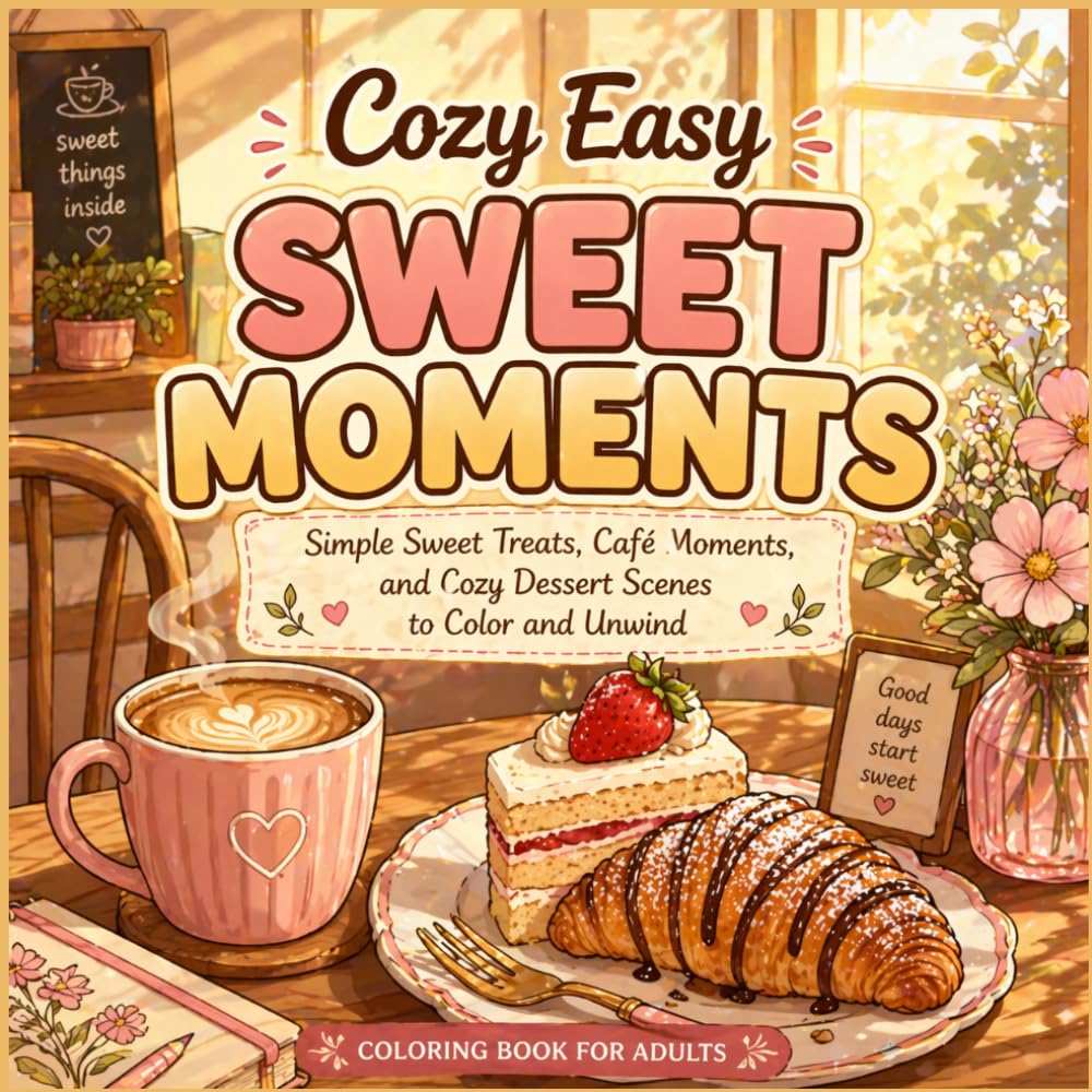 Cozy Easy Sweet Moments Coloring Book for Adults: Simple Sweet Treats, Café Moments, and Relaxing Dessert Scenes for Stress Relief and Mindful Coloring