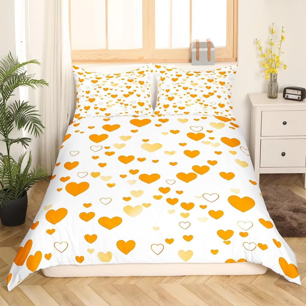 Housse de couette jaune 240x220 avec motif cœur géométrique pour décoration chambre