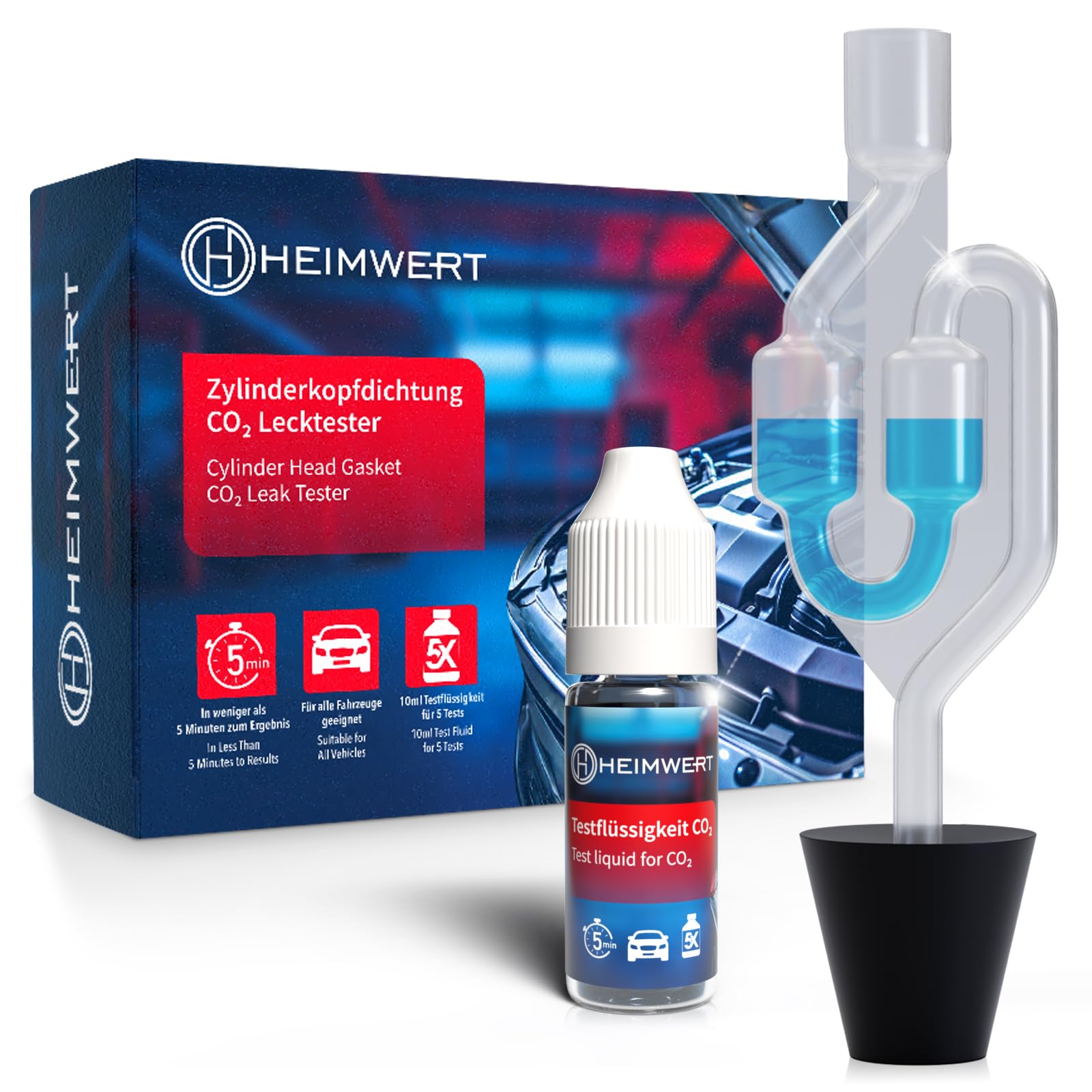 Heimwert Zylinderkopfdichtung Tester ohne Herumschrauberei - extrem günstiger und zuverlässiger Kühlmittel Dichtheitstest per Farbwechsel - co2 Tester Kühlwasser u Zylinderkopf KFZ u Motorrad (Basis)