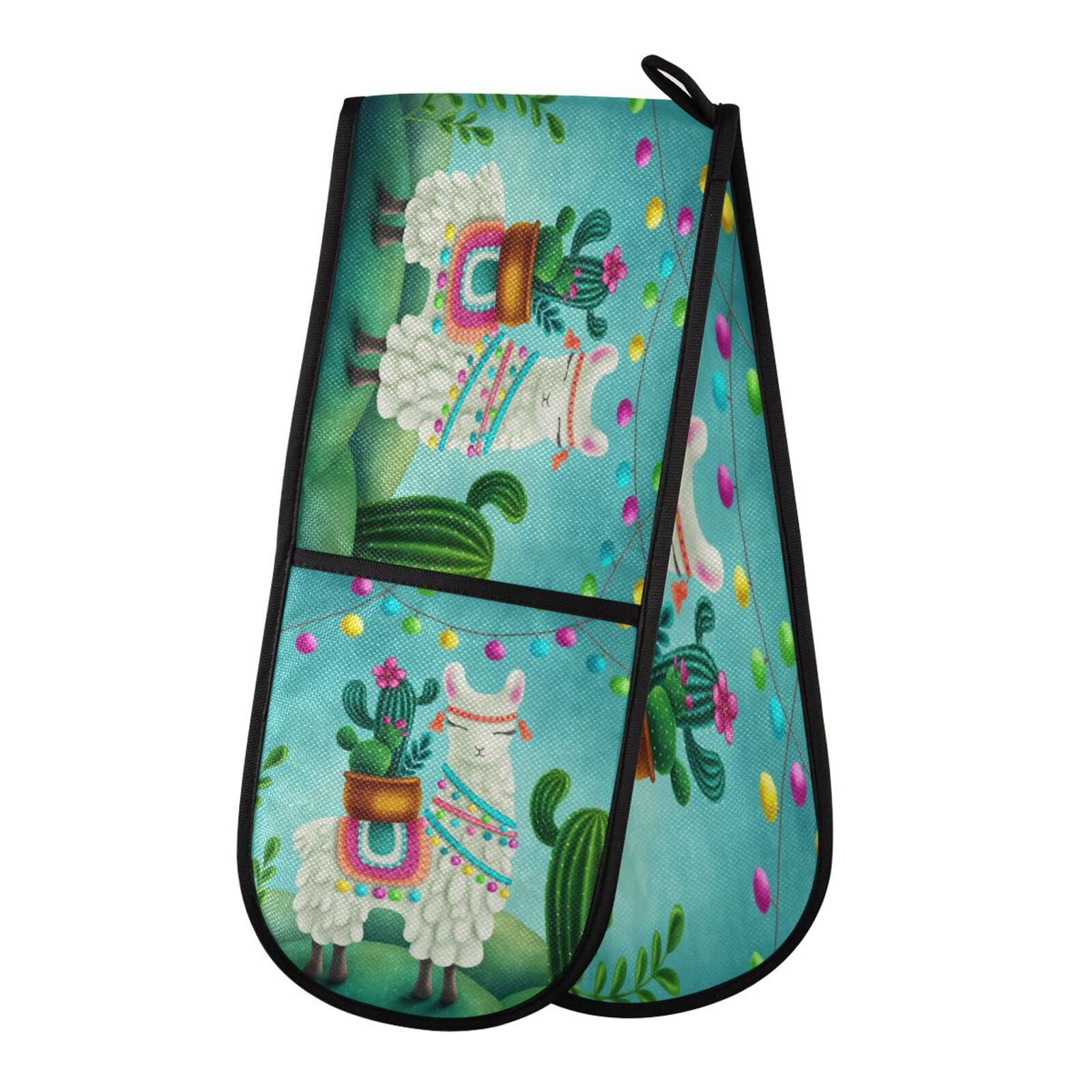 Youjuner Colour 39 Double Oven Glove Cactus Llama Heat Resistant Double Ovens Mitt Modern Cooking Gloves Potholders