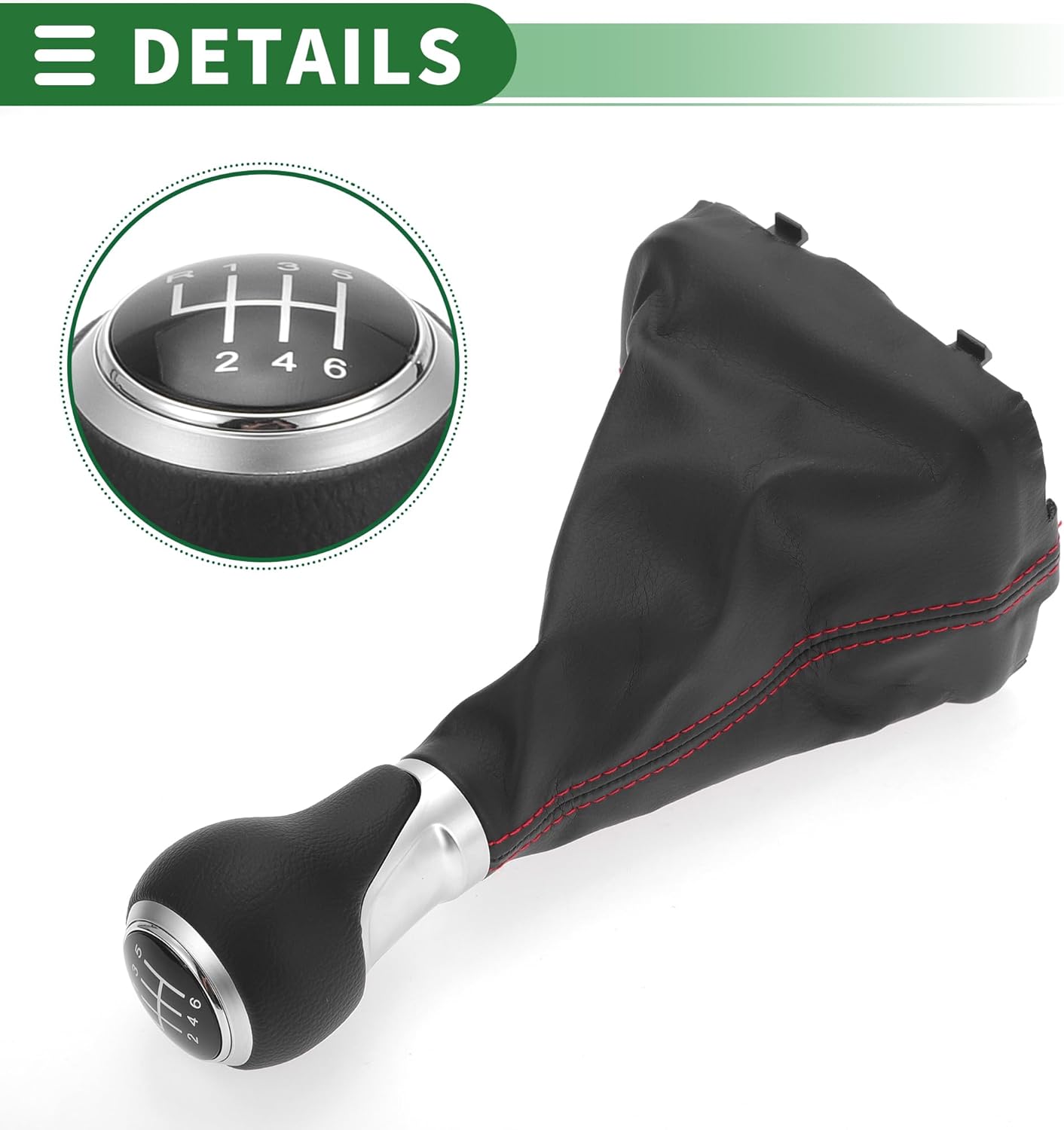 Motoforti 6 Speed Manual Gear Shifte Knob with Cover, Gearbox Stick Shifter Lever Knob, for Audi A3 8P 03-13, Plastic Faux Leather, Matte Silver Tone Red Black