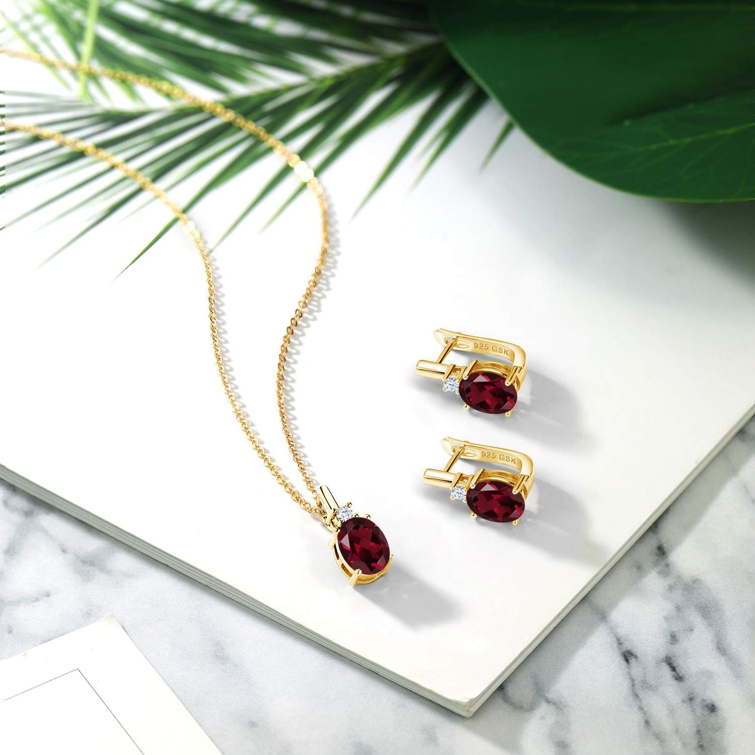 Gem Stone King Gemstone Birthstone Pendant and Earrings Jewelry Set for Women in 18K Yellow Gold Plated Silver | Oval 8X6MM and Round 2.5MM | With 18 Inch Chain