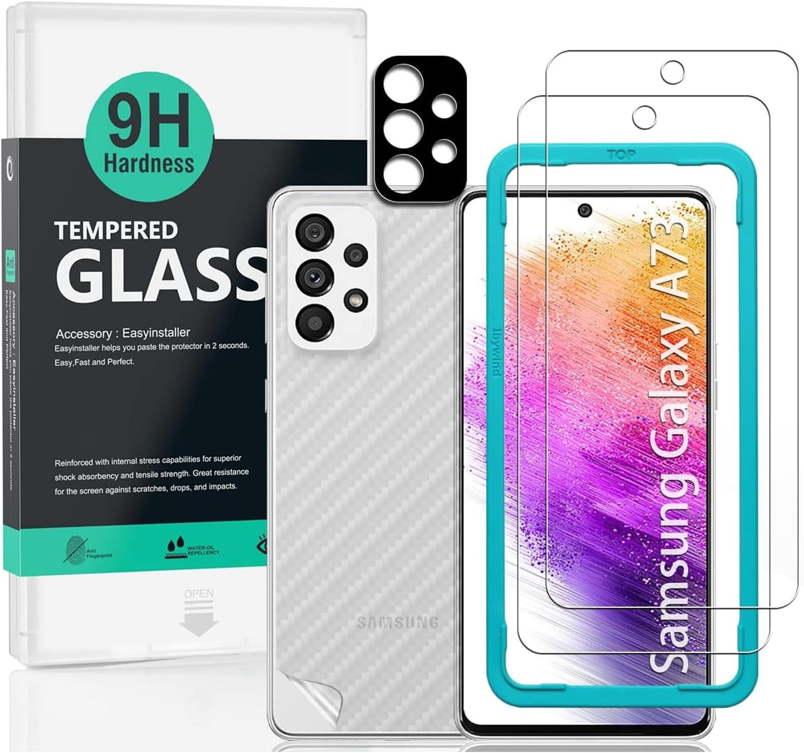 Ibywind Screen Protector For Samsung Galaxy A73 5G(6.7 Inches),with 2Pcs Tempered Glass,1Pc Camera Lens Protector,1Pc Backing Carbon Fiber Film[Fingerprint Reader,Easy to install]