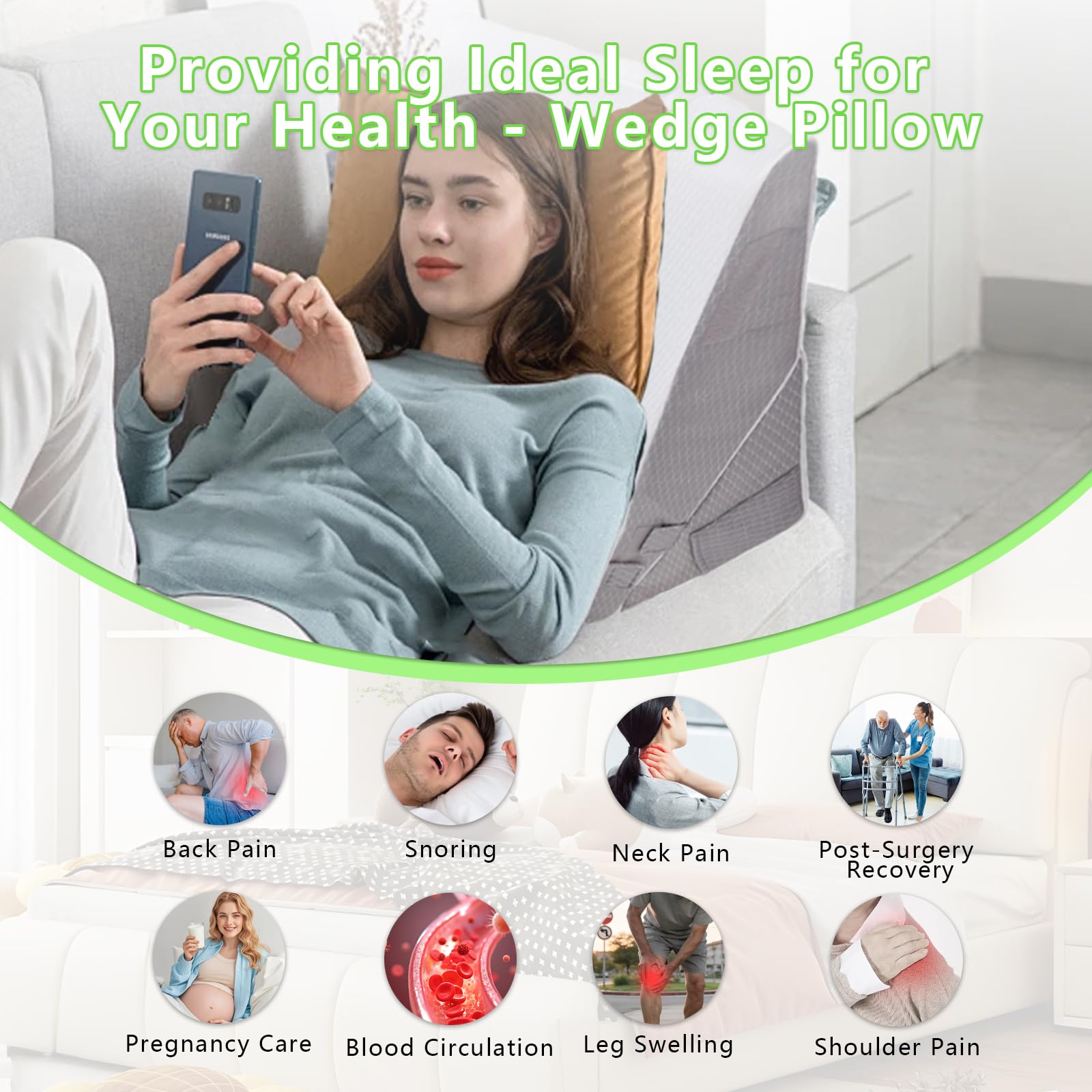 Cojín de espuma viscoelástica de 56 x 56 x 30 cm, almohada de cuña ajustable para reflujo ácido, ronquidos, recuperación postoperatoria, alivio del dolor de espalda y cuello, ideal para leer y